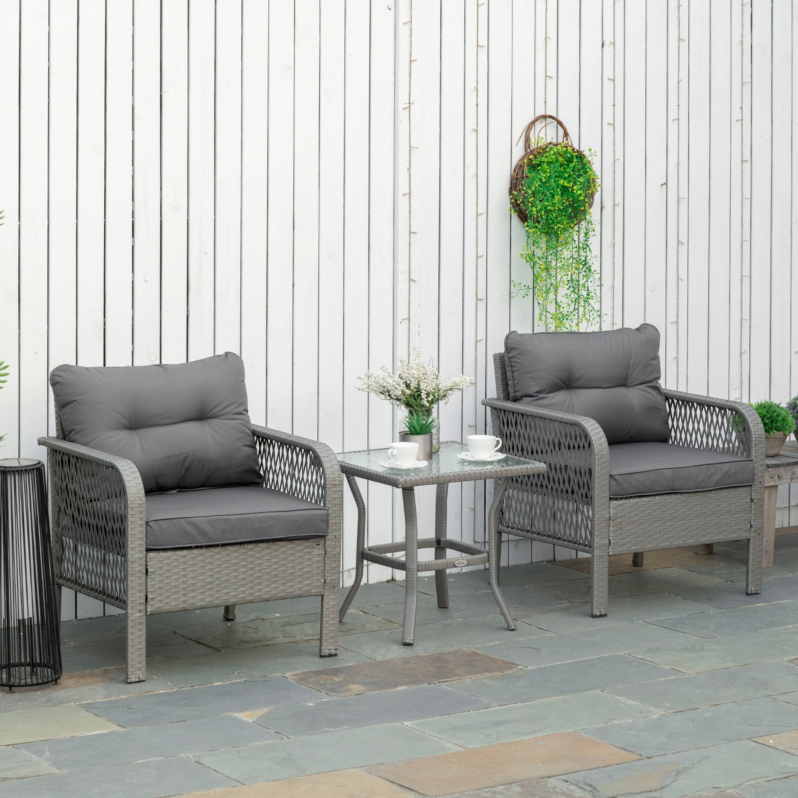 3pc Patio Rattan Wicker Bistro Set Conversation Furniture | Gray