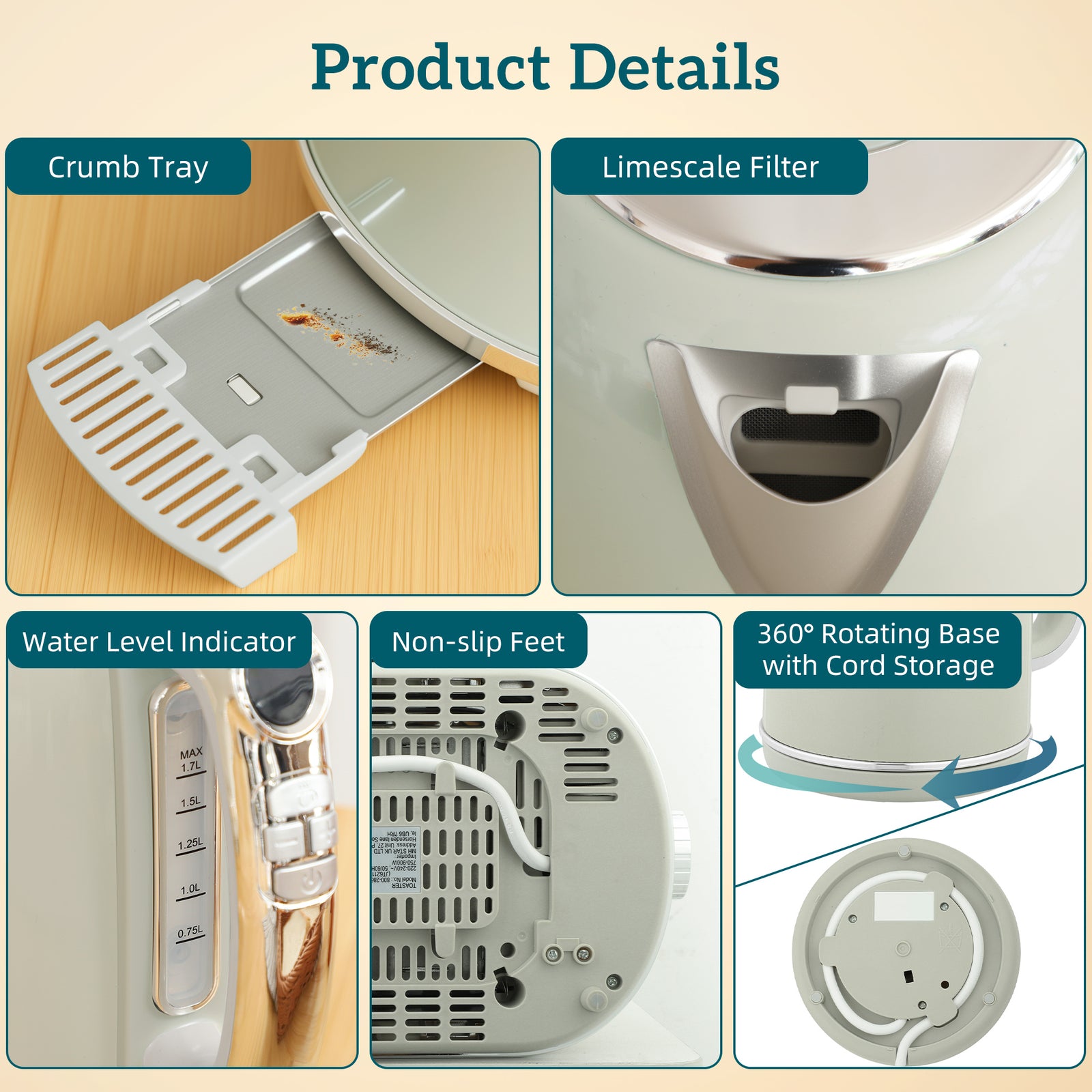 1.7l 3000w Kettle And 2 Slice Toaster With Keep Warm Memory Function | Grey