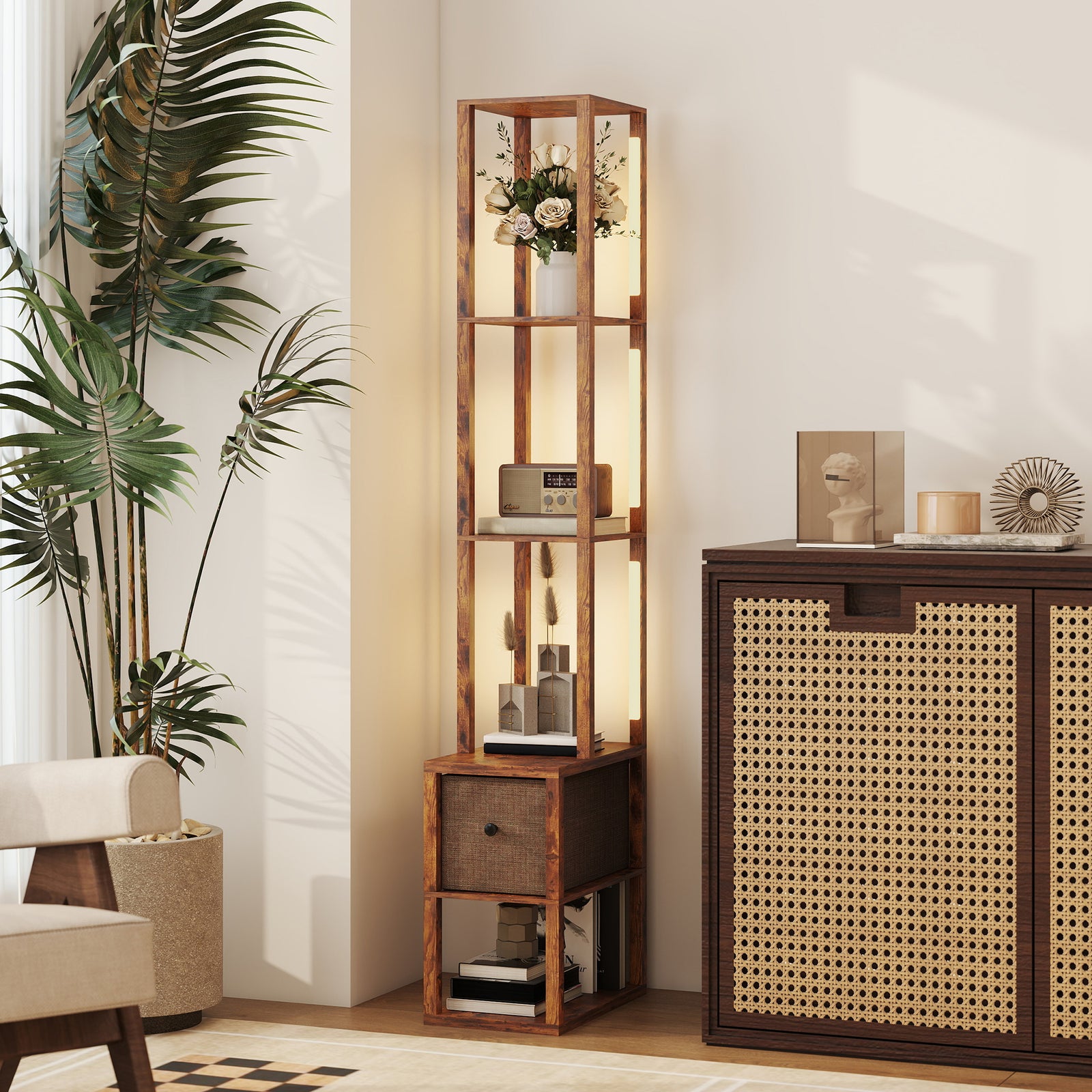 Floor Lamp With Shelves, Led Standing Lamp With Fabric Drawer | Brown