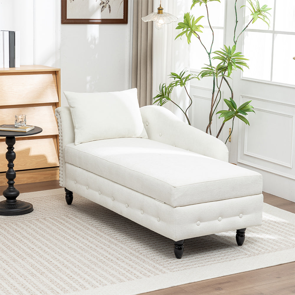 Left Hand Facing Chenille Chaise Lounge With Storage And Pillow | White