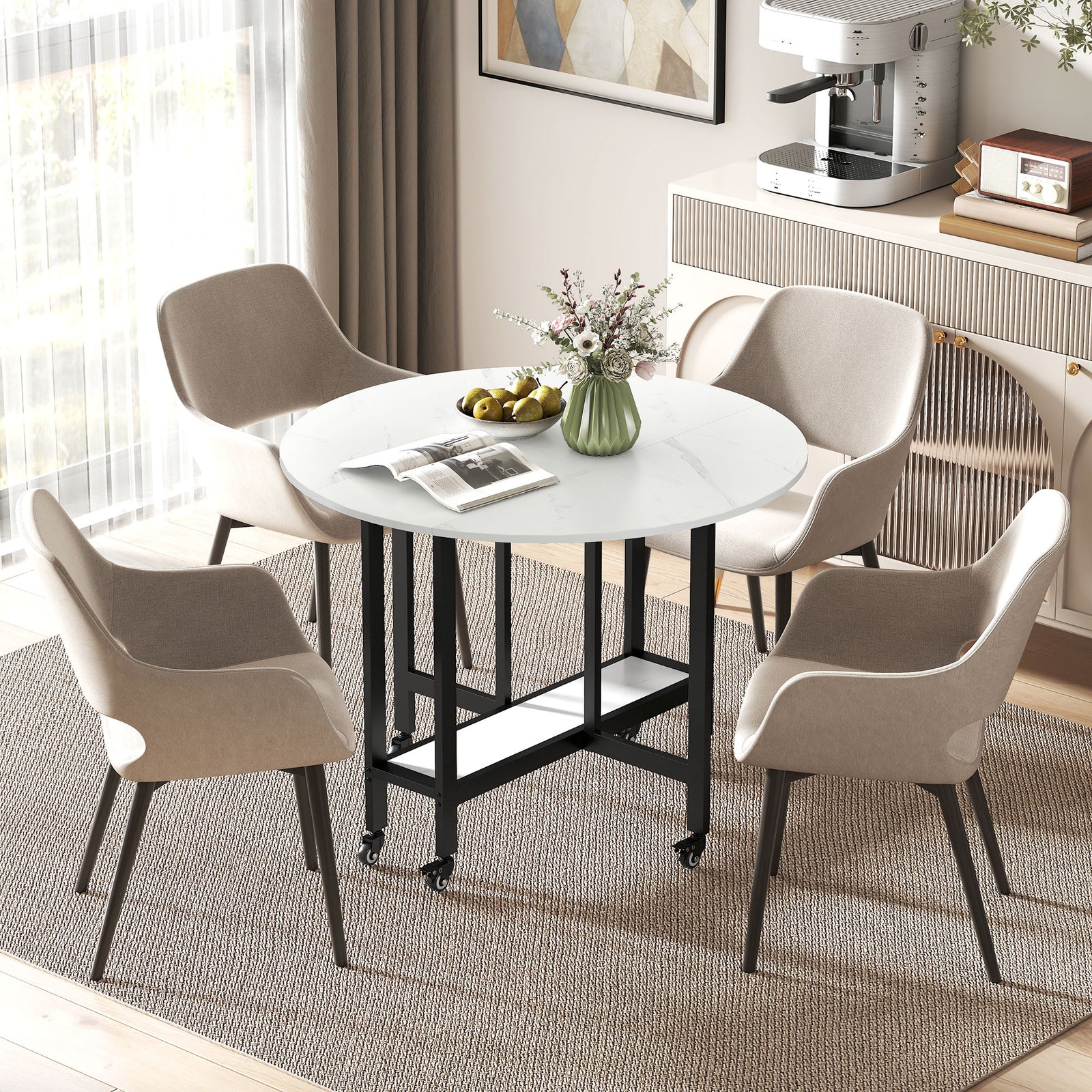 Folding Dining Table, Drop Leaf Table With Open Shelf, White Marble | L | White