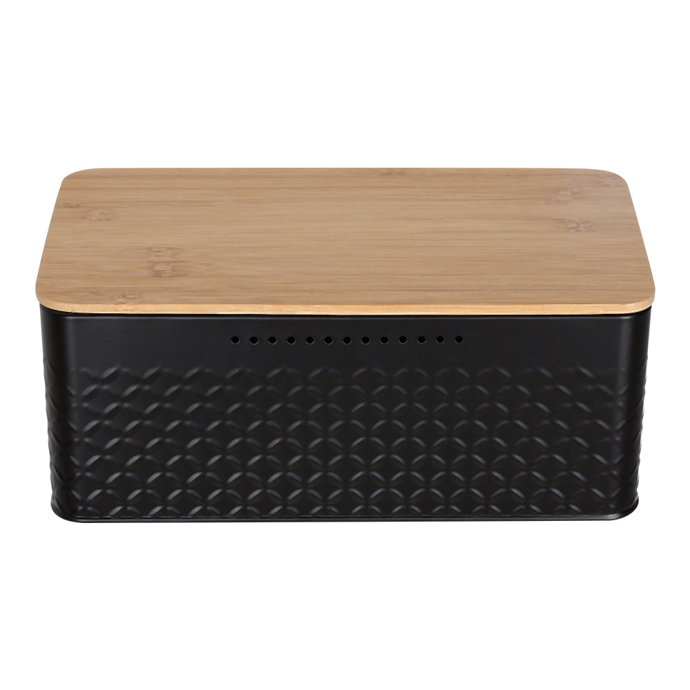 Countertop Metal Bread Box Container With Bamboo Lid | Black