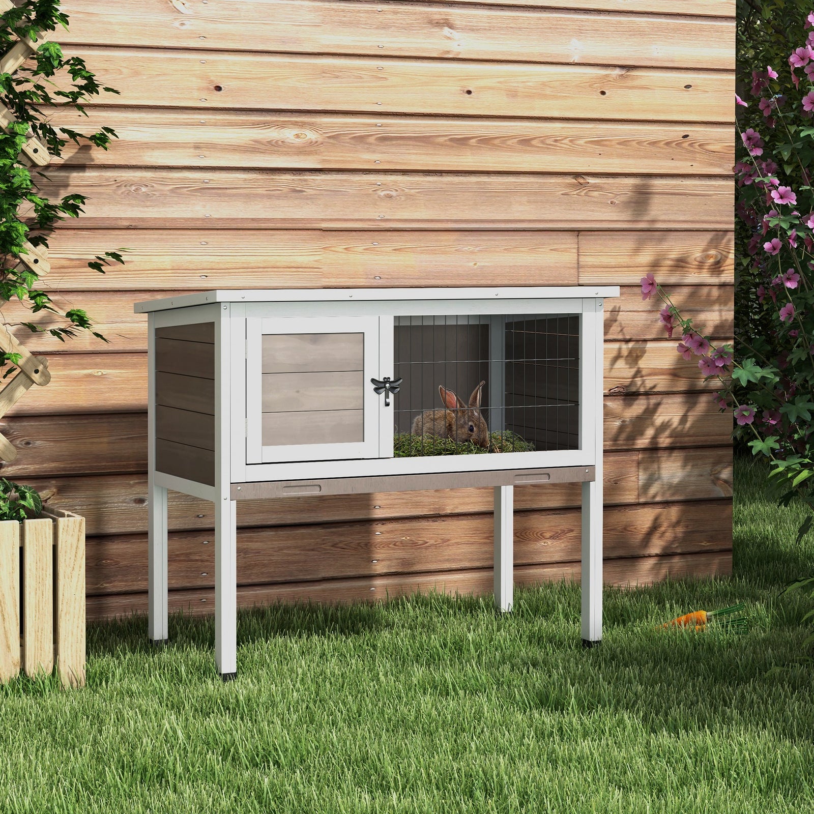 Large Elevated Indoor Outdoor Wooden Rabbit Hutch W/ Asphalt Roof, Tray | Brown
