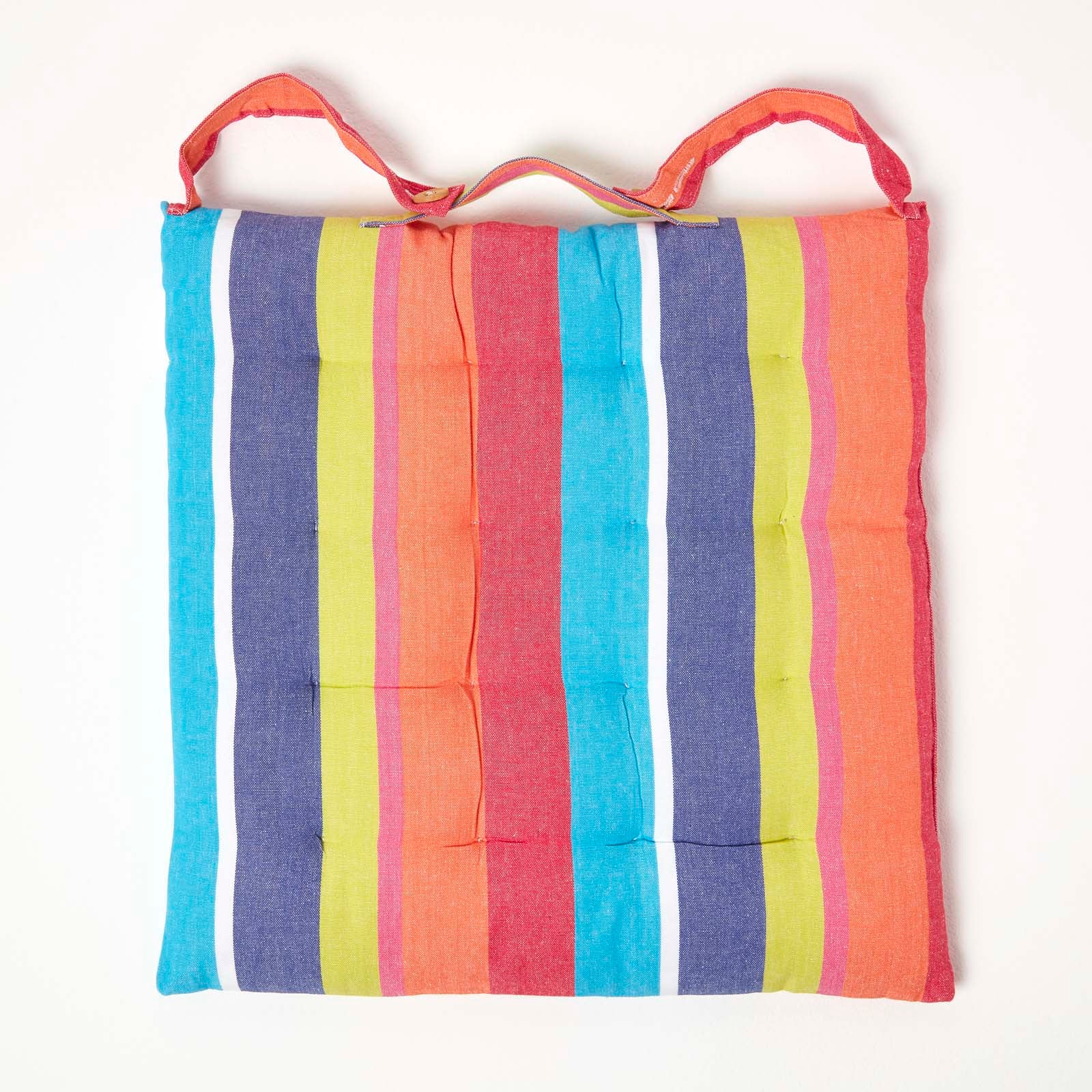Striped Seat Pad With Button Straps 100% Cotton, 40 X 40 Cm | Set-of-1 | Multi Colour