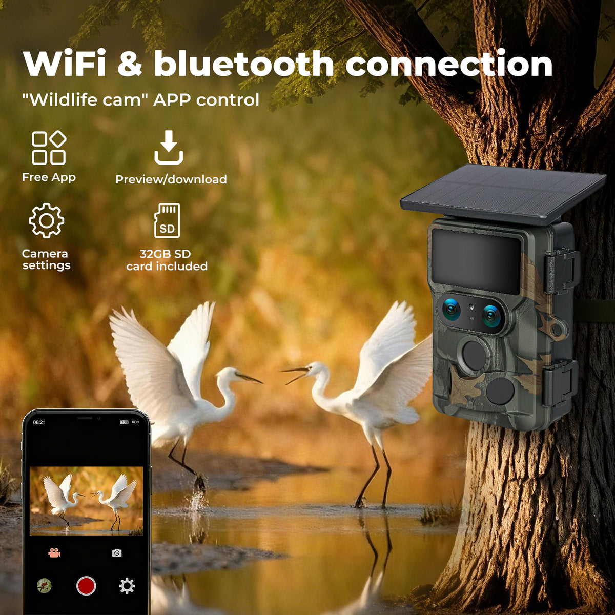 Solar Trail Camera 4k Dual Lens Wifi Bluetooth Night Vision 32gb Card | Camouflage