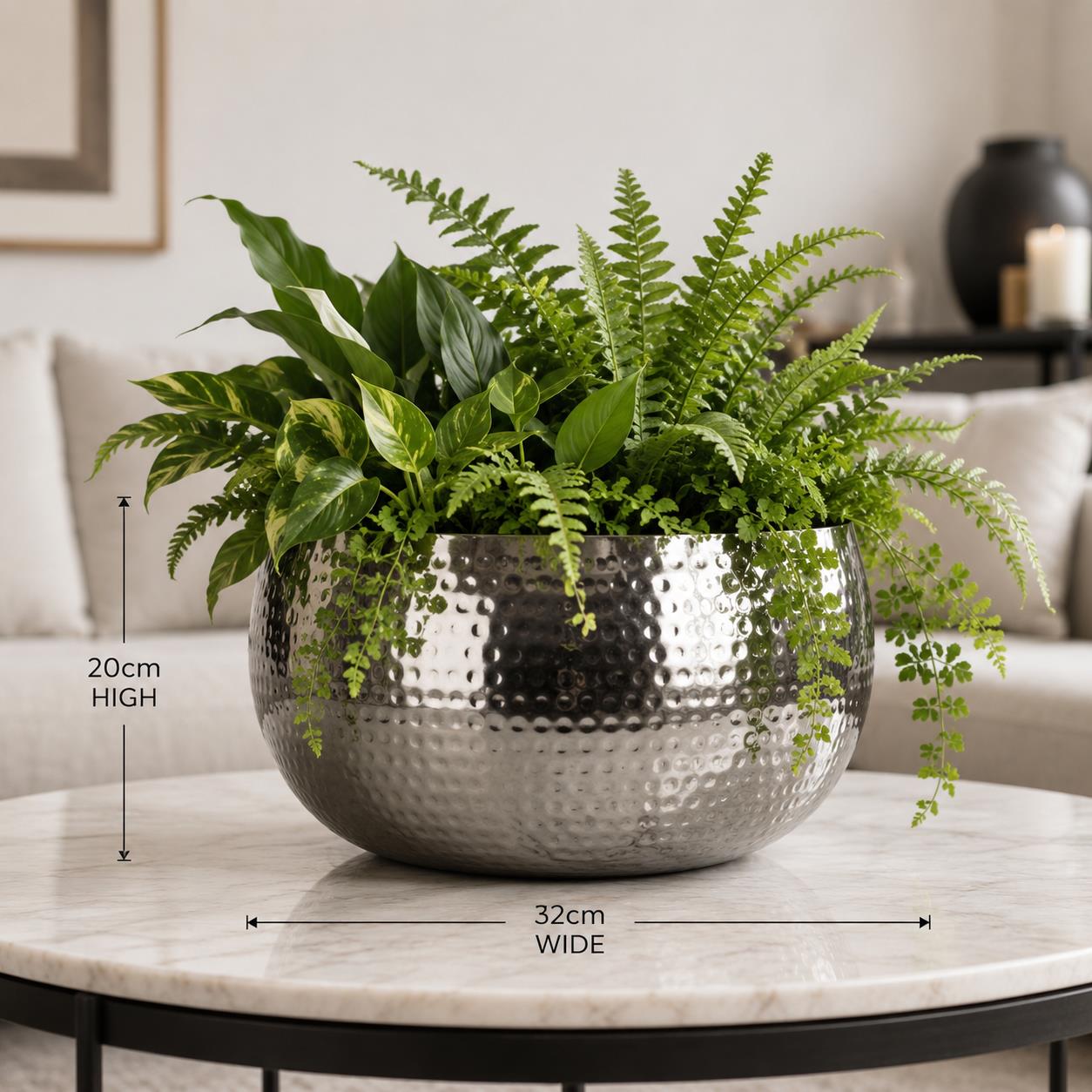 Large Metal Planter Bowl 32 X 20cm Hammered Silver Colour - Straight Edge