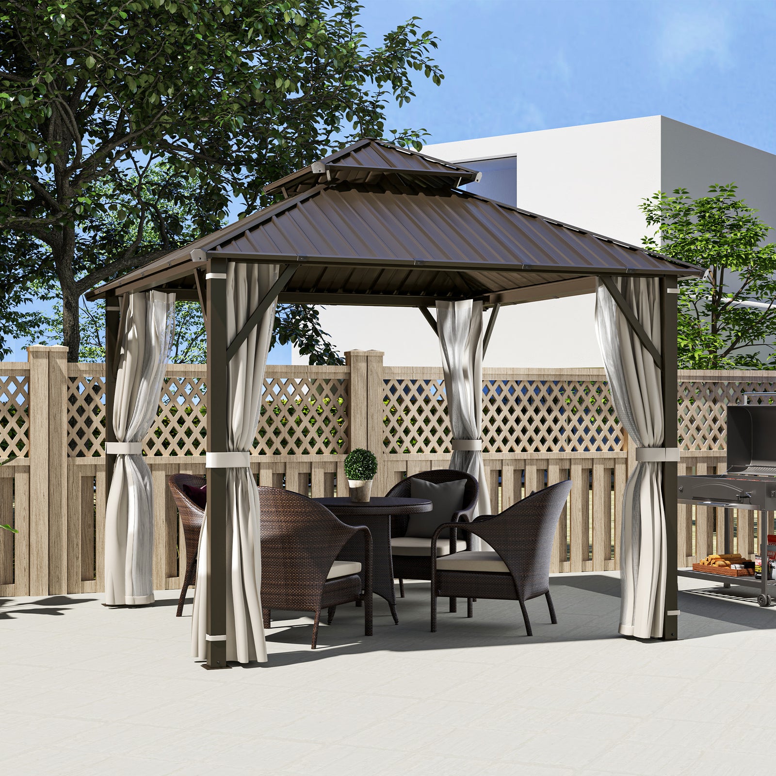 3 X 3(m) Hardtop Gazebo W/ Metal Roof, Netting And Curtains