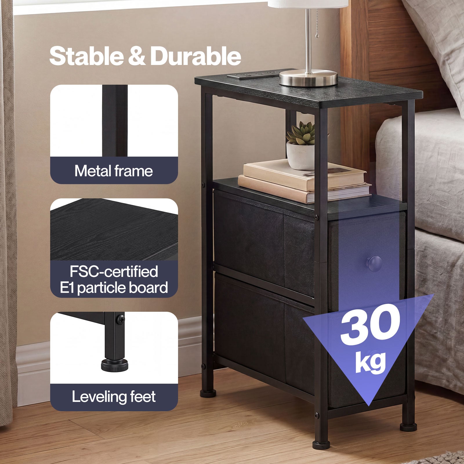 Bedside Table Narrow Side Table With Led Charging Station Storage Black | Black