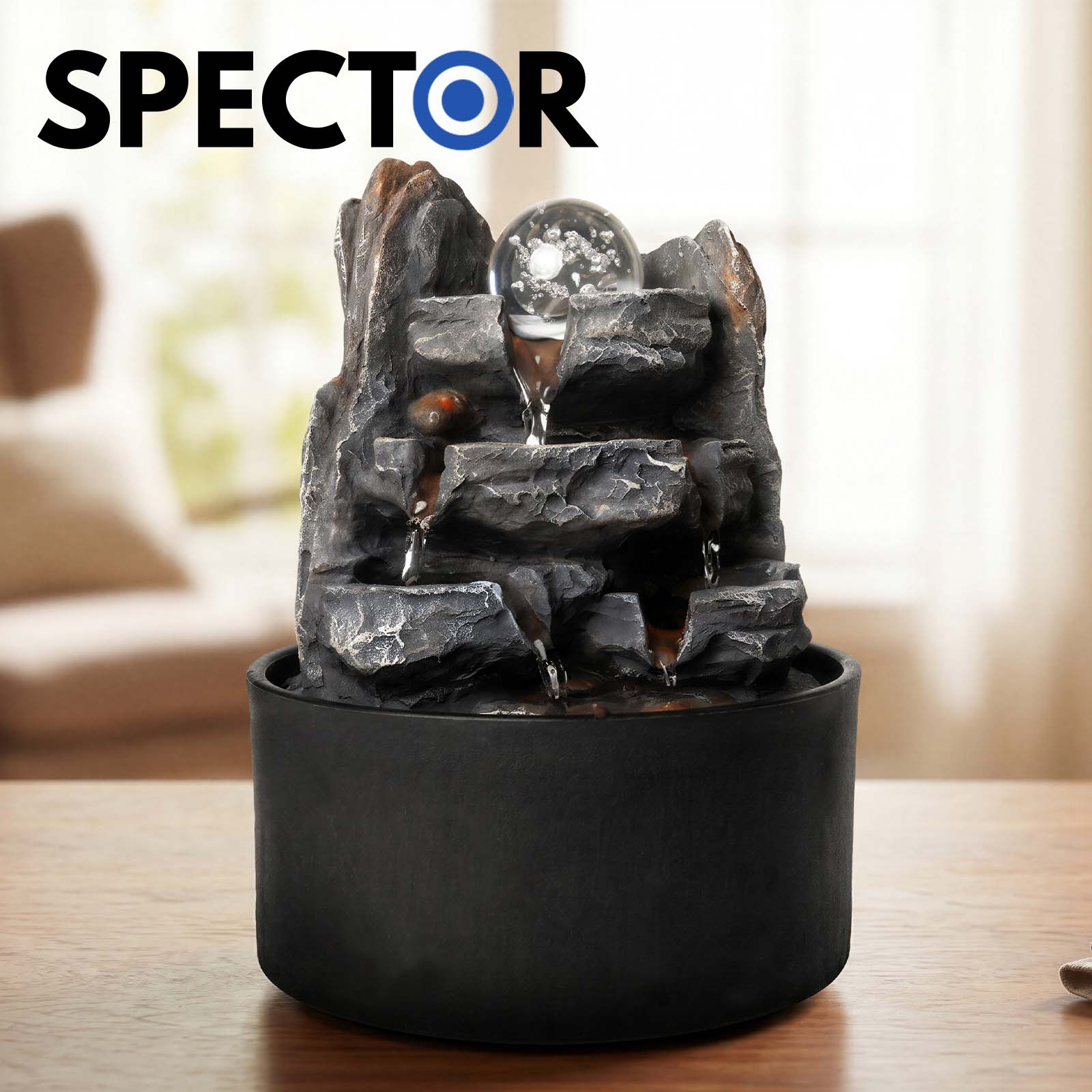 Spector Water Feature Indoor Fountains Rotating Glass Ball Led Light Resin Grey Brown