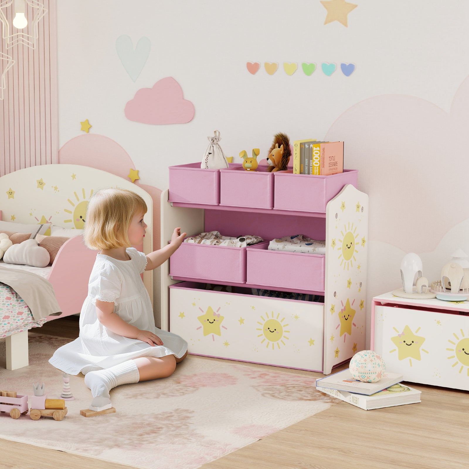 3-tier Kids Storage Shelf With 6 Removable Fabric Boxes | Pink