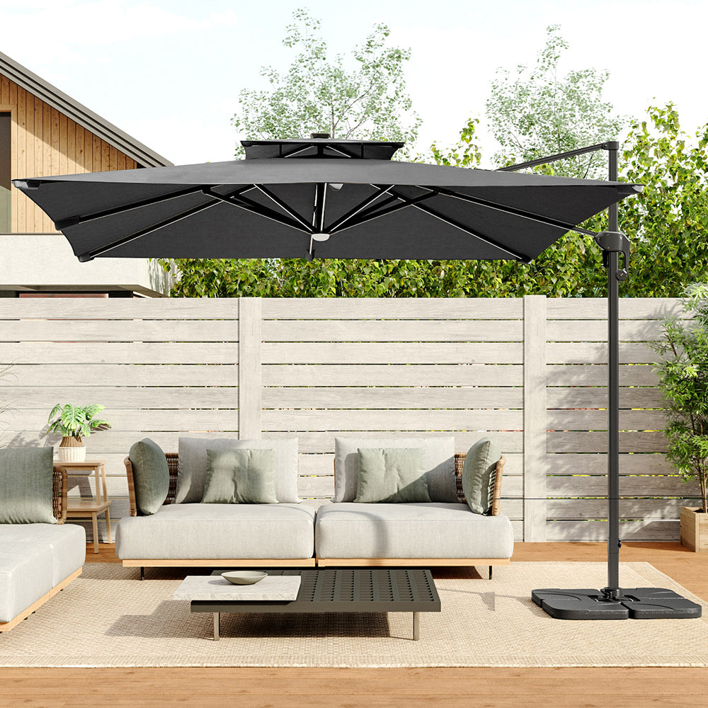 3m Double-tier Square Solar Led Patio Umbrella, Adjustable Height, 360° Rotation With Foot Pedal, Includes Cross Base And Square Fillable Bases