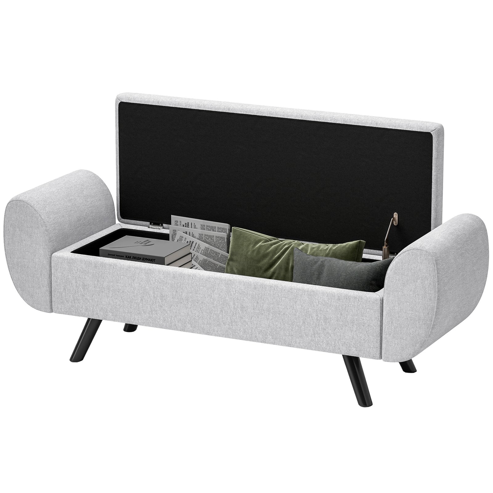 Storage Ottoman With Armrest, Upholstered Linen Storage Bench | Light Grey