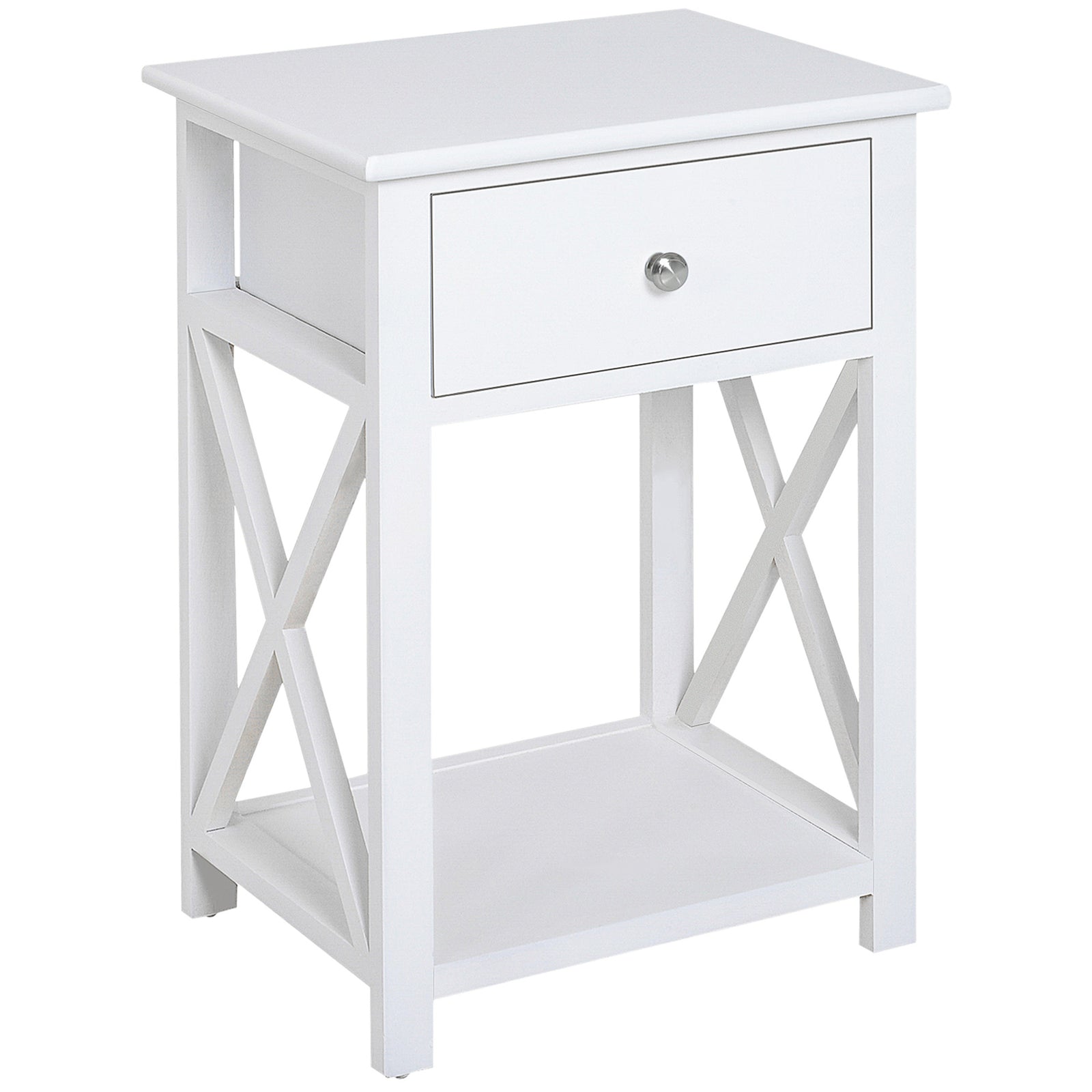 Side Table Nightstand For Bedroom With Drawer & Bottom Shelf | White