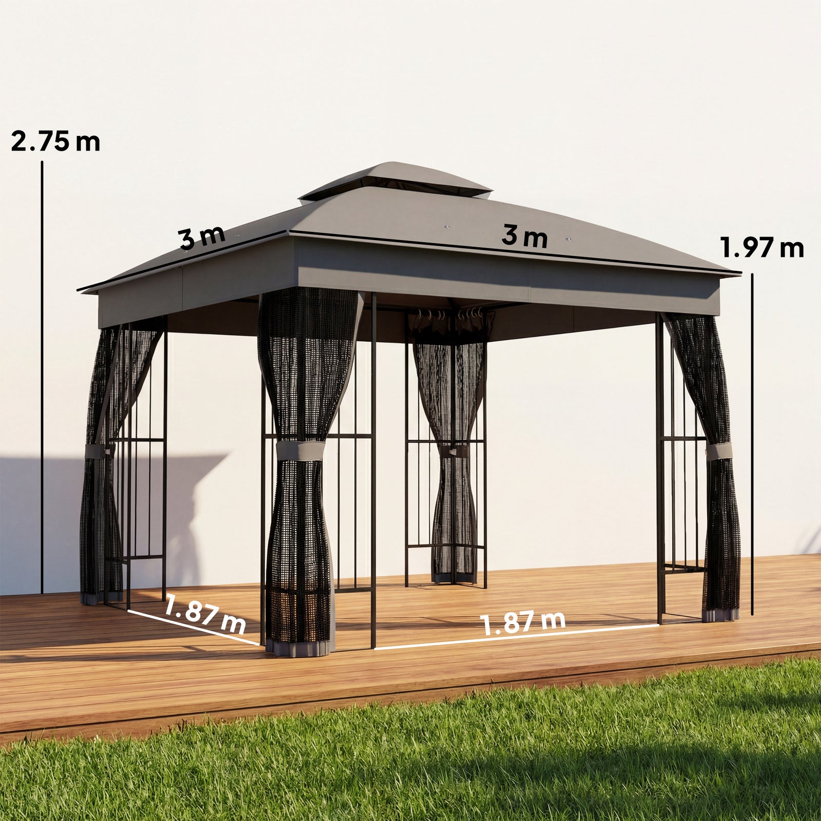 3 X 3 M Garden Gazebo With Shelves, Upf50+ Permanent Gazebo | Grey
