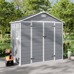 Outdoor Plastic Tool Shed With Apex Roof & Floor, Double Doors, Ventilation & Window, Lockable Backyard Storage House | 8x4ft | Grey