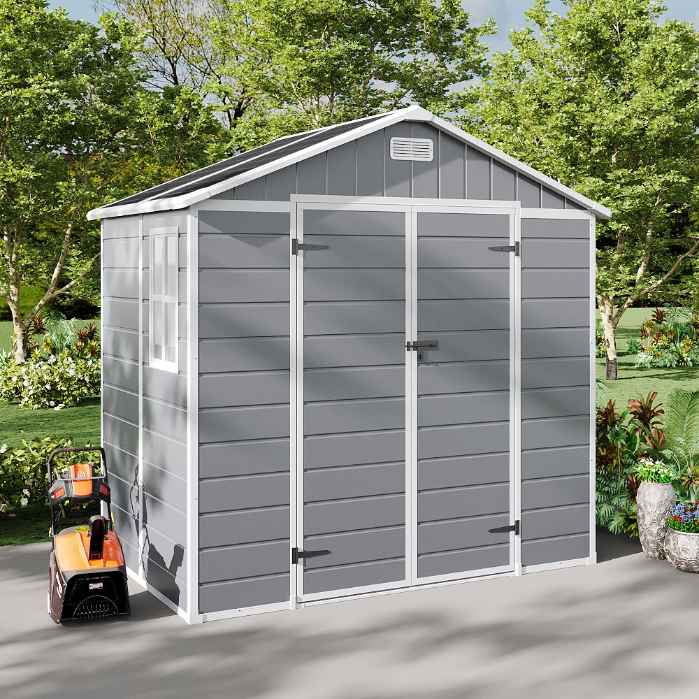 Outdoor Plastic Tool Shed With Apex Roof & Floor, Double Doors, Ventilation & Window, Lockable Backyard Storage House | 8x4ft | Grey