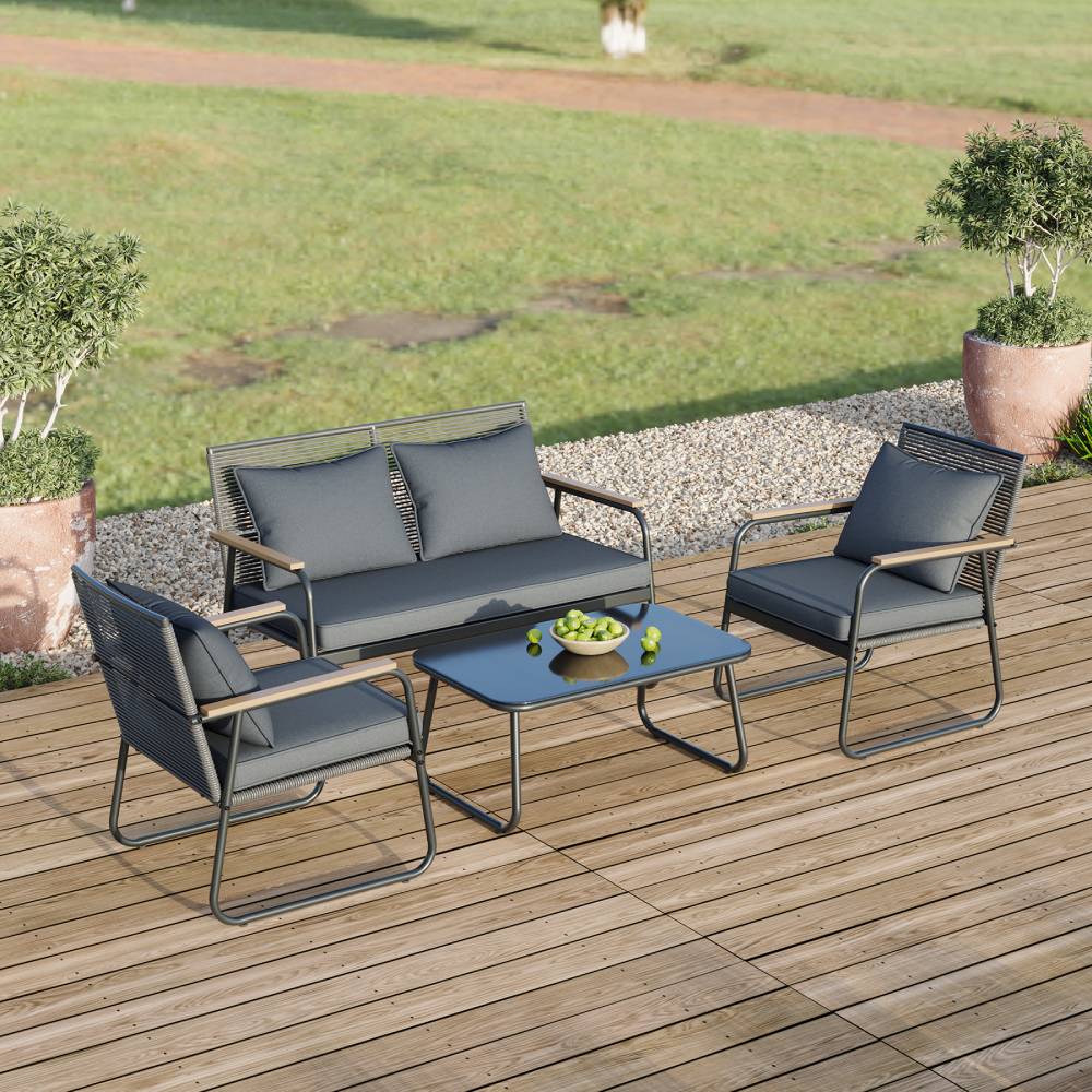 Breeins 4-piece Outdoor Pe Rattan Garden Furniture Set With Loveseat, 2 Armchairs & Glass Coffee Table, Cushioned Patio Conversation Set For Garden, Balcony & Backyard
