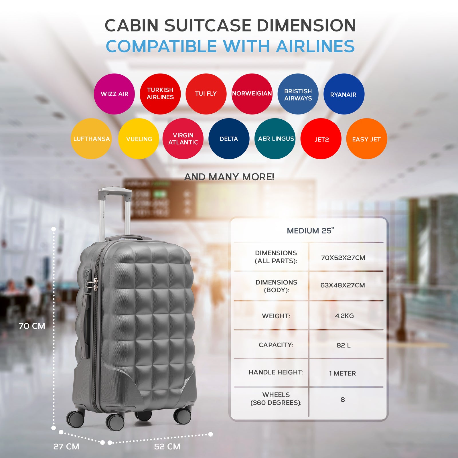 Medium 25" Hard Shell Bubble Design Check-in Suitcase Hold Luggage Bag 20kg+ | Medium | Charcoal