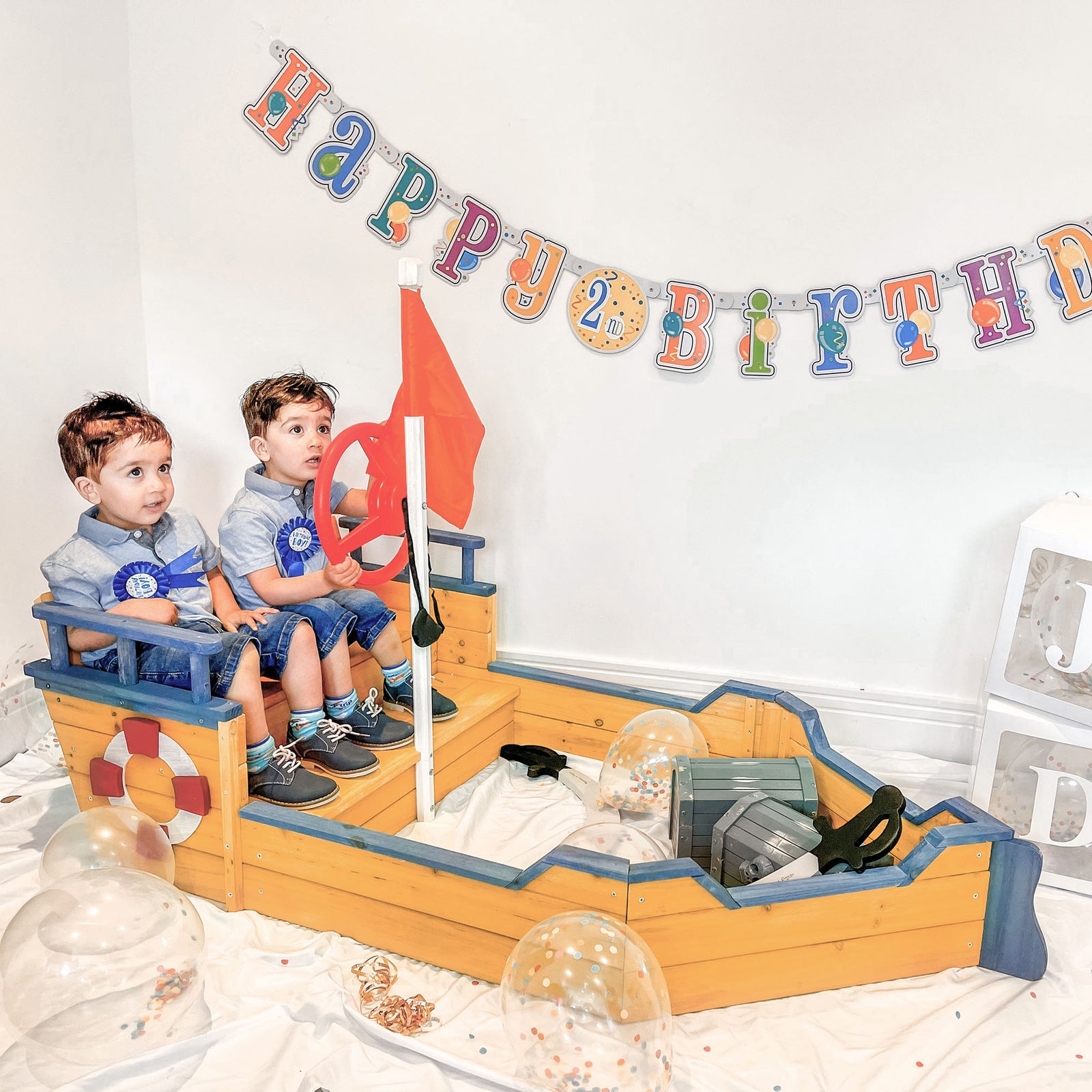 Kids Wooden Sandbox Pirate Ship Sandboat W/ Bench Seat Storage Space