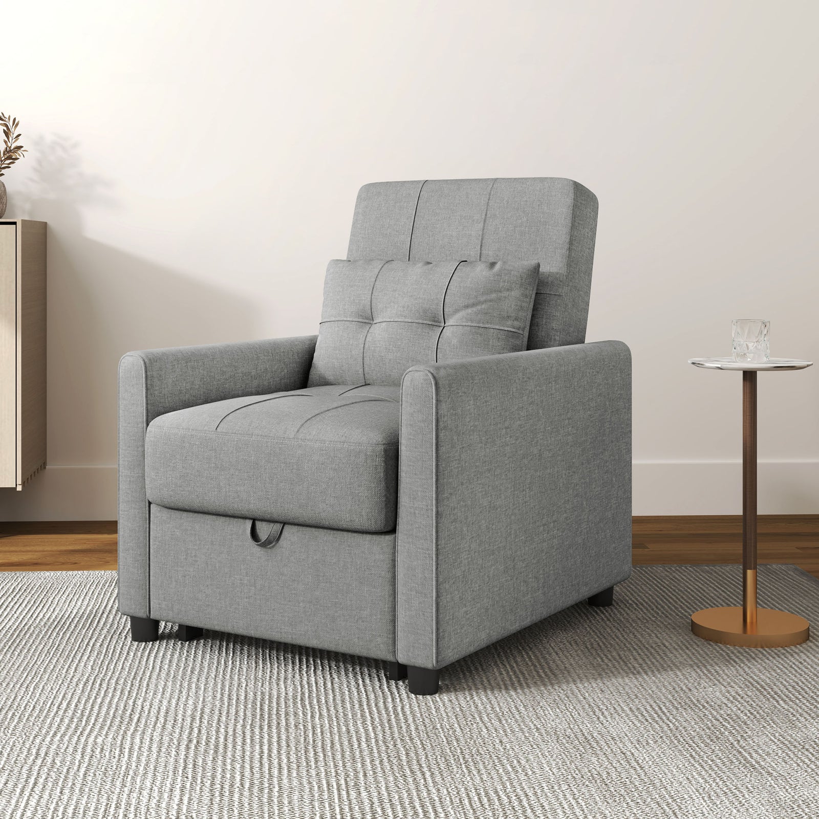 Pull Out Chair Bed Sleeper Chair With Pillow Side Pockets | One Size | Charcoal Gray