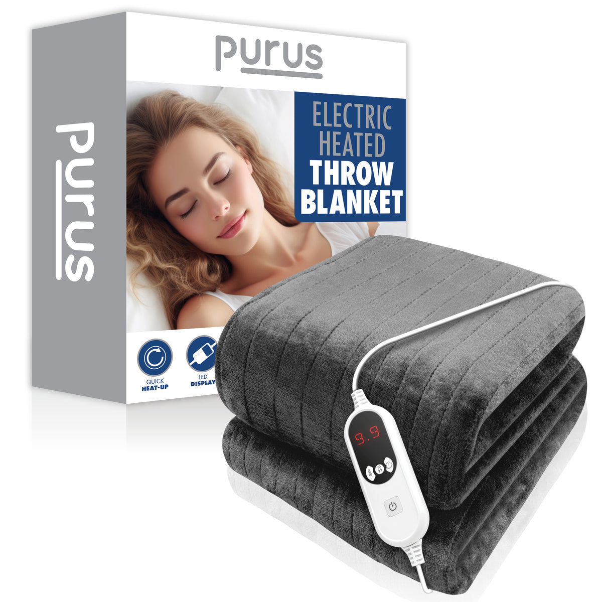 Deluxe Electric Throw Heated Double Over Blanket Soft Fleece 9 Heat & 12 Timer Settings | L | Grey