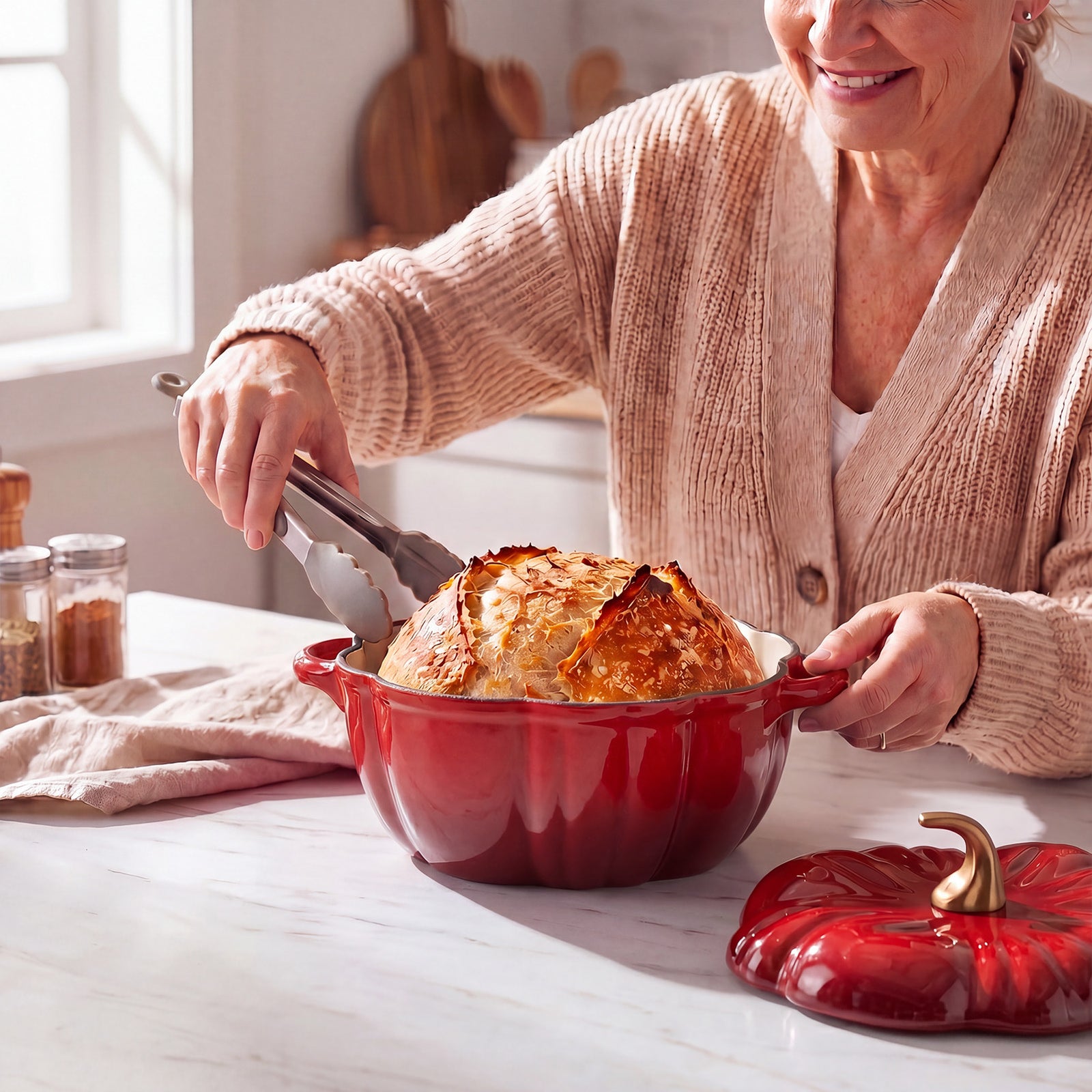 Enamelled Cast Iron Pumpkin Dutch Oven With Lid And Handles | Red