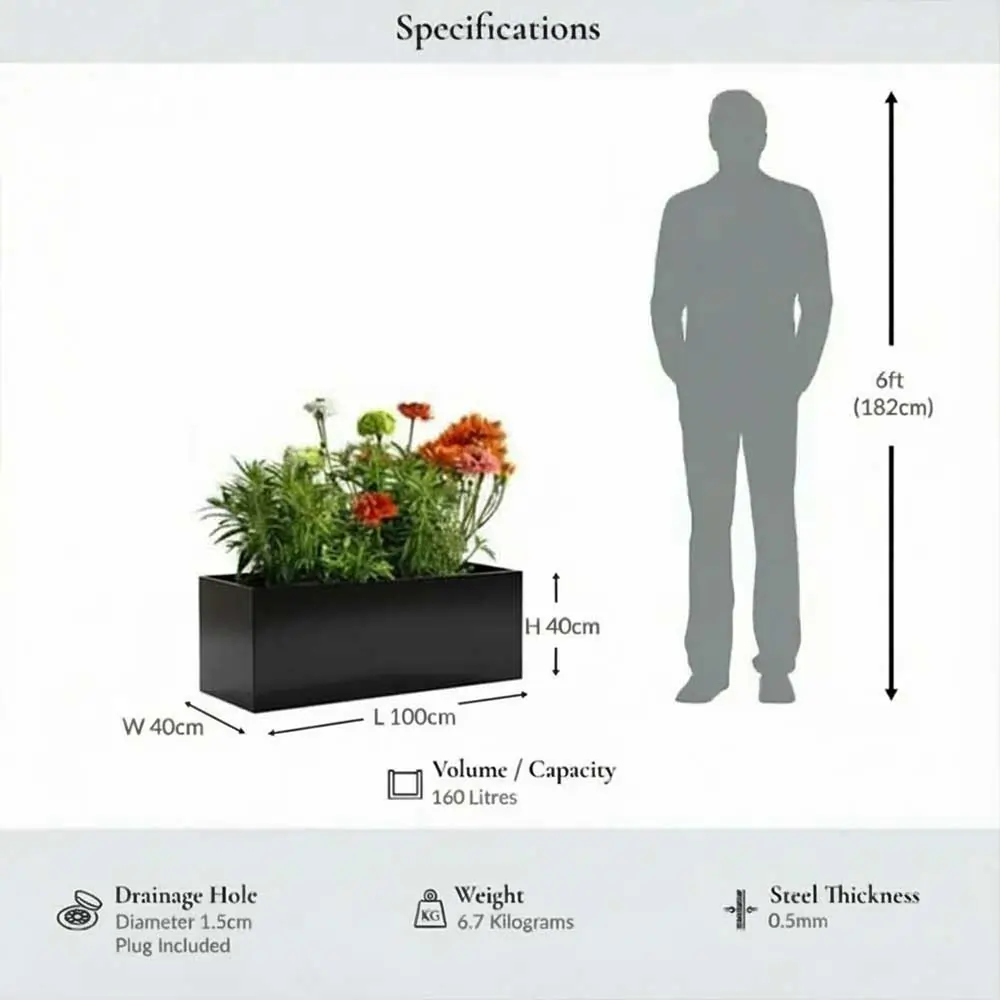 Zinc Galvanised Trough Planter | 100cm x 40cm x 40cm | Black Gloss