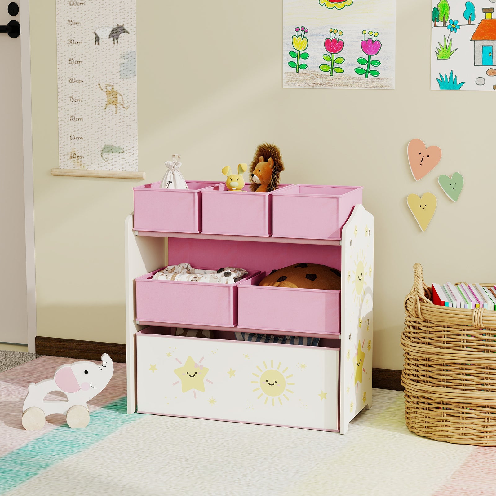 3-tier Kids Storage Shelf With 6 Removable Fabric Boxes | Pink