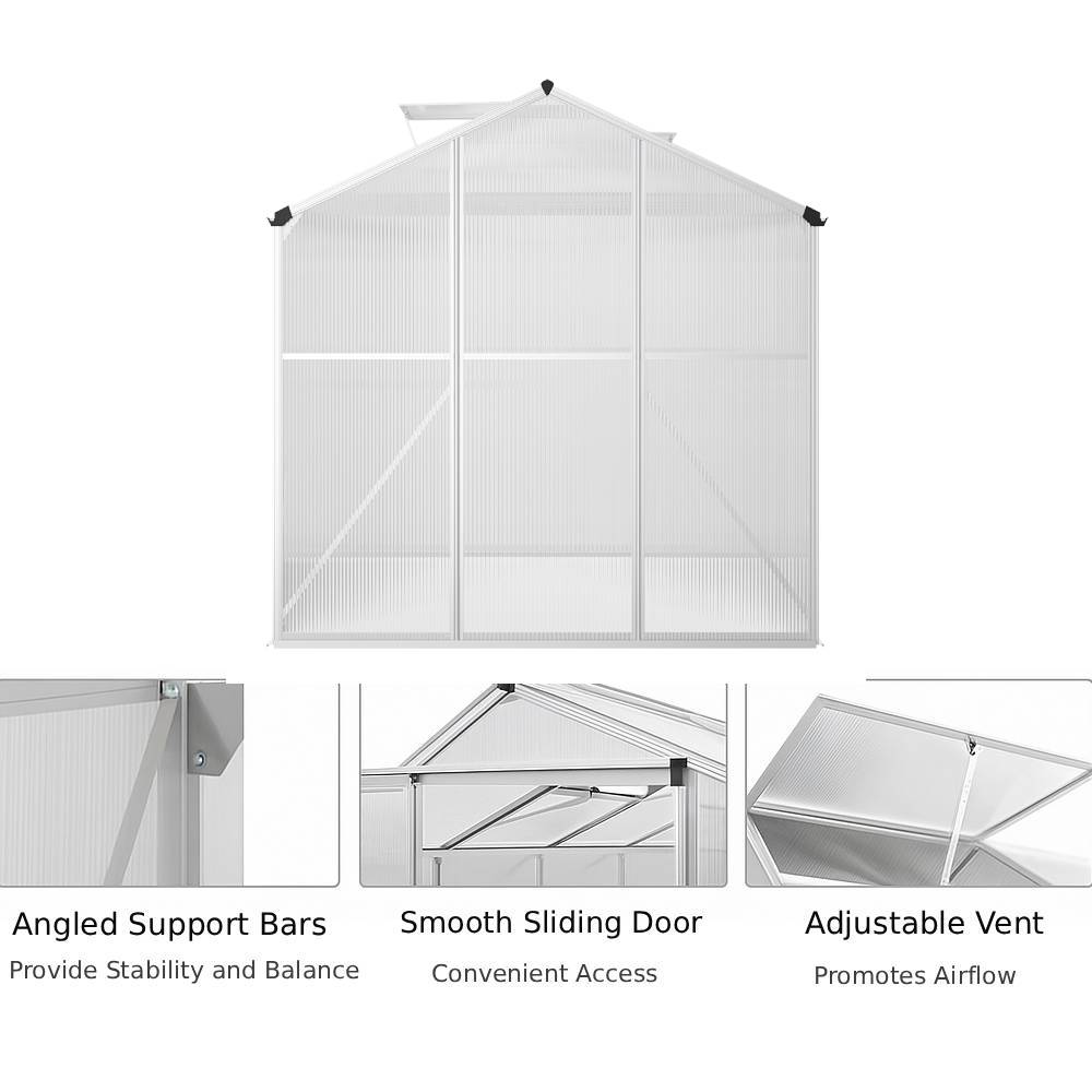 Polycarbonate Greenhouse– Aluminum Frame Walk-in Greenhouse With Sliding Door & 2 Ventilation Window For Plants & Flowers | White