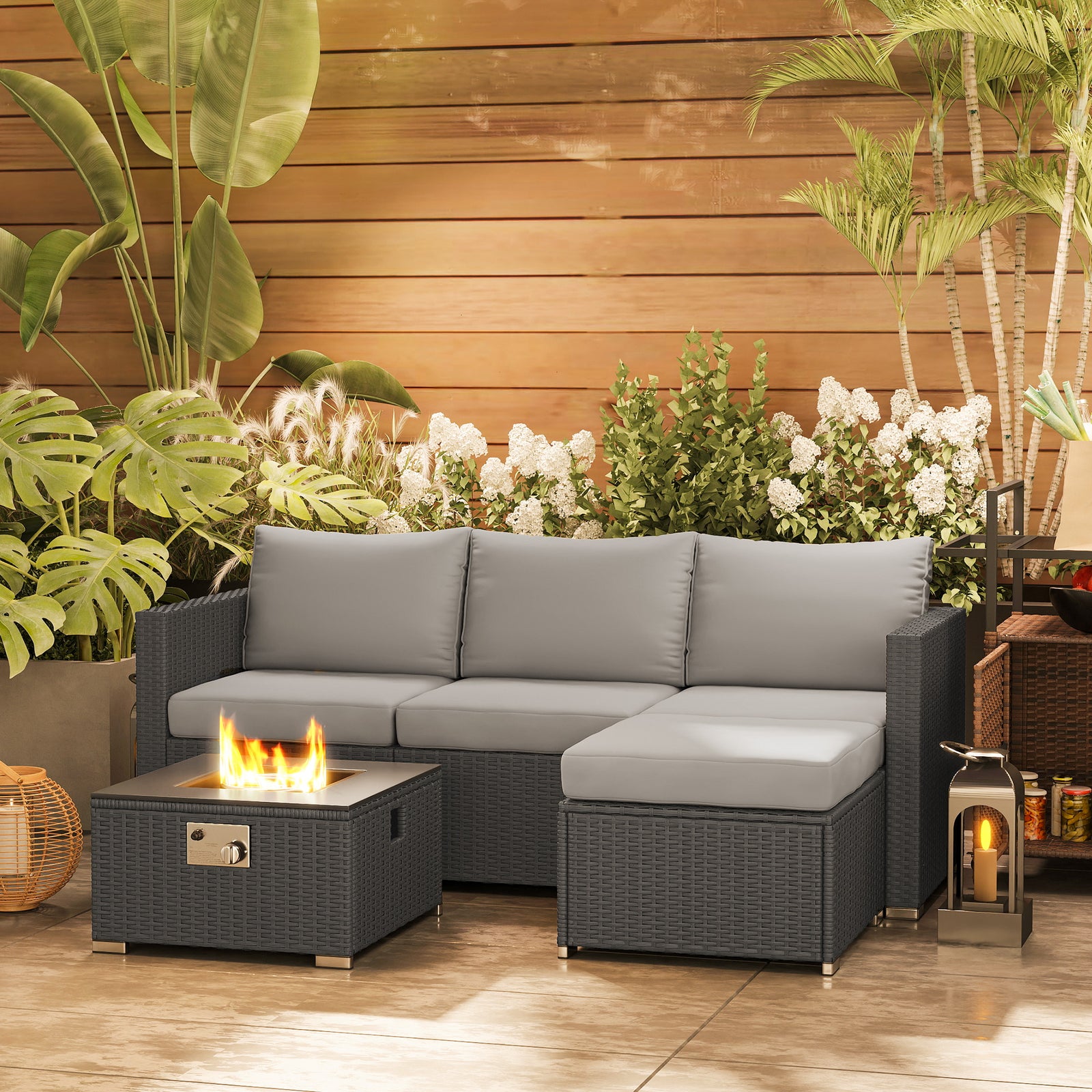 5 Piece Rattan Set With Gas Fire Pit | Grey