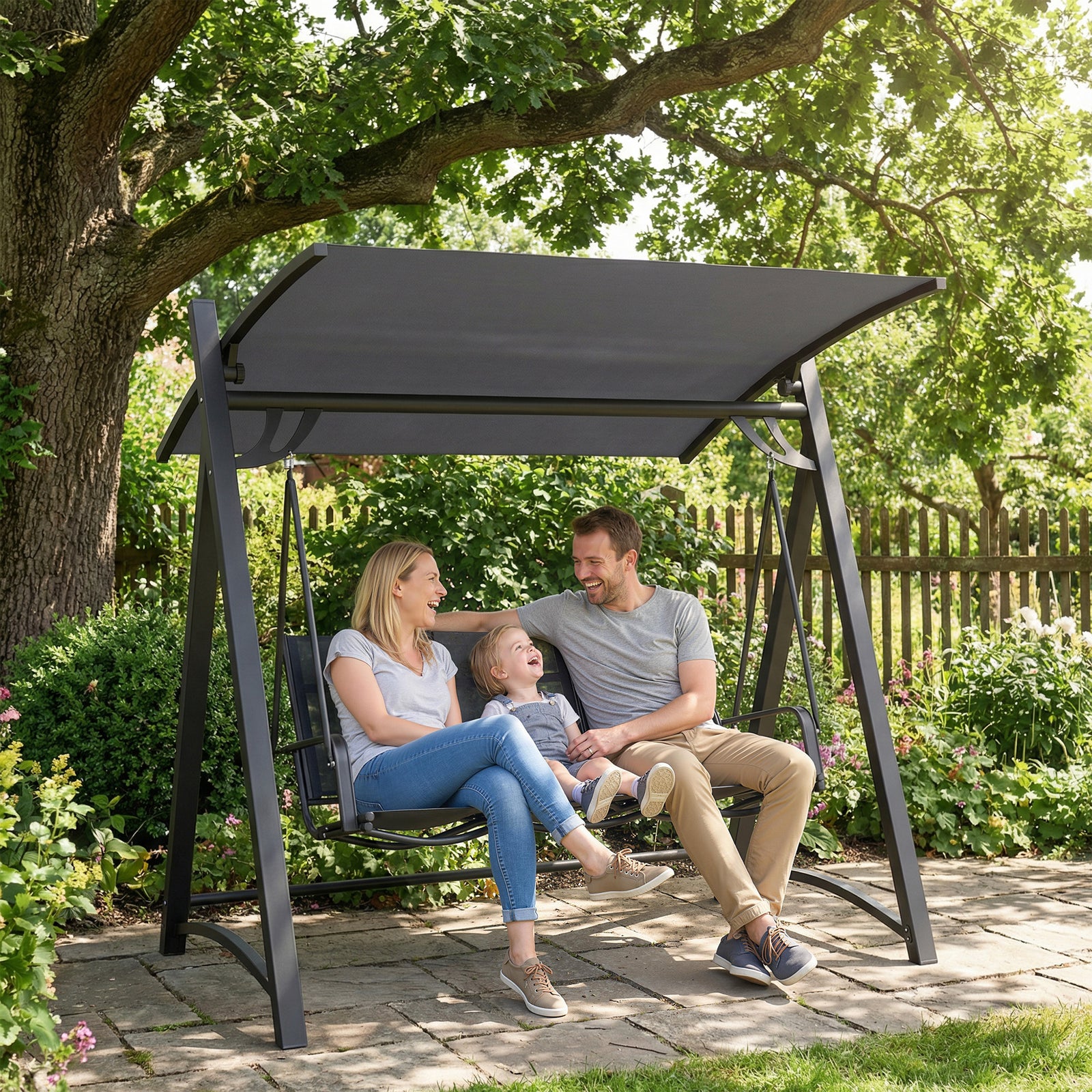 3 Seater Swing Chair, Garden Swing Bench With Adjustable Canopy | Grey