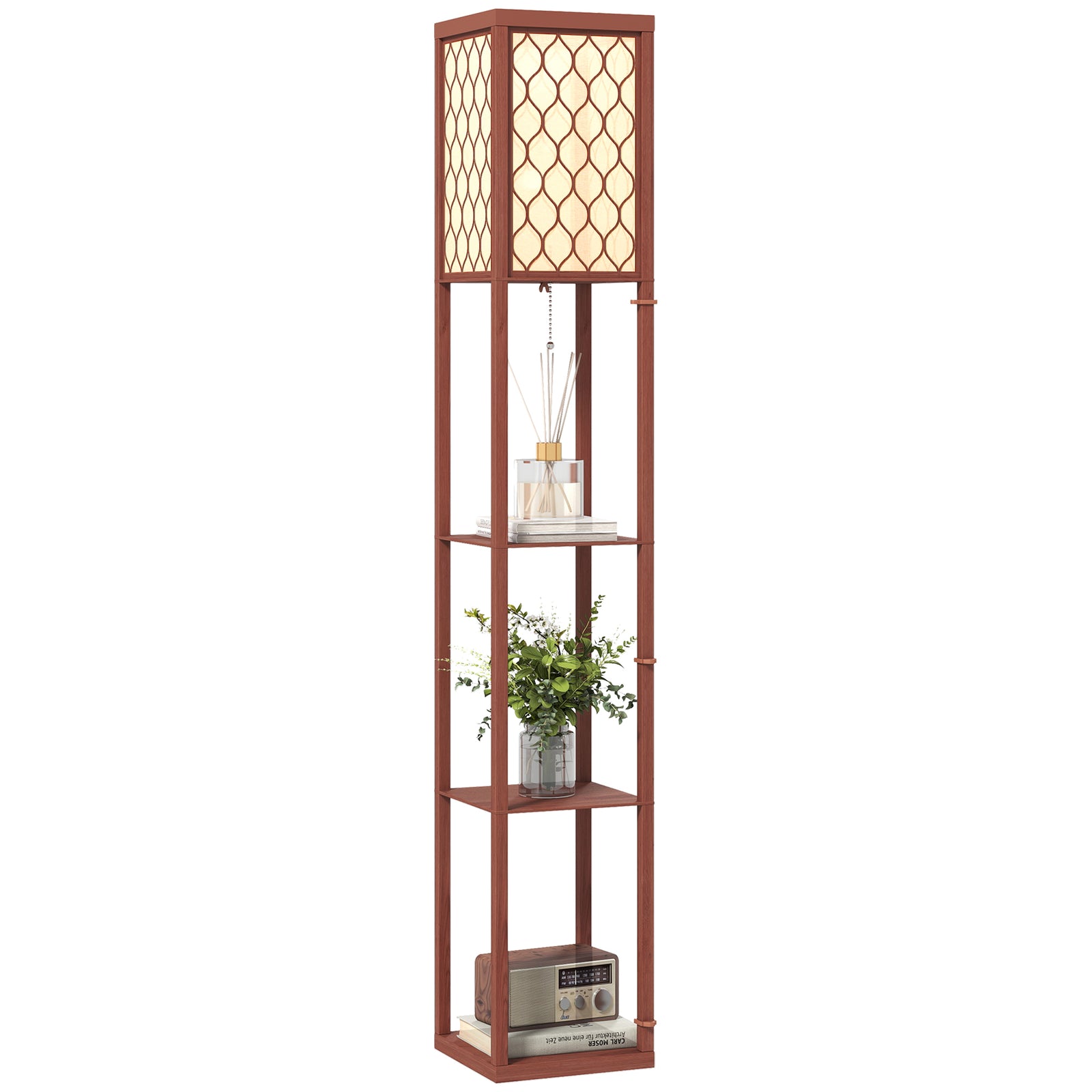 Modern Floor Lamp Light With 3 Shelves Fabric Lampshade | Brown