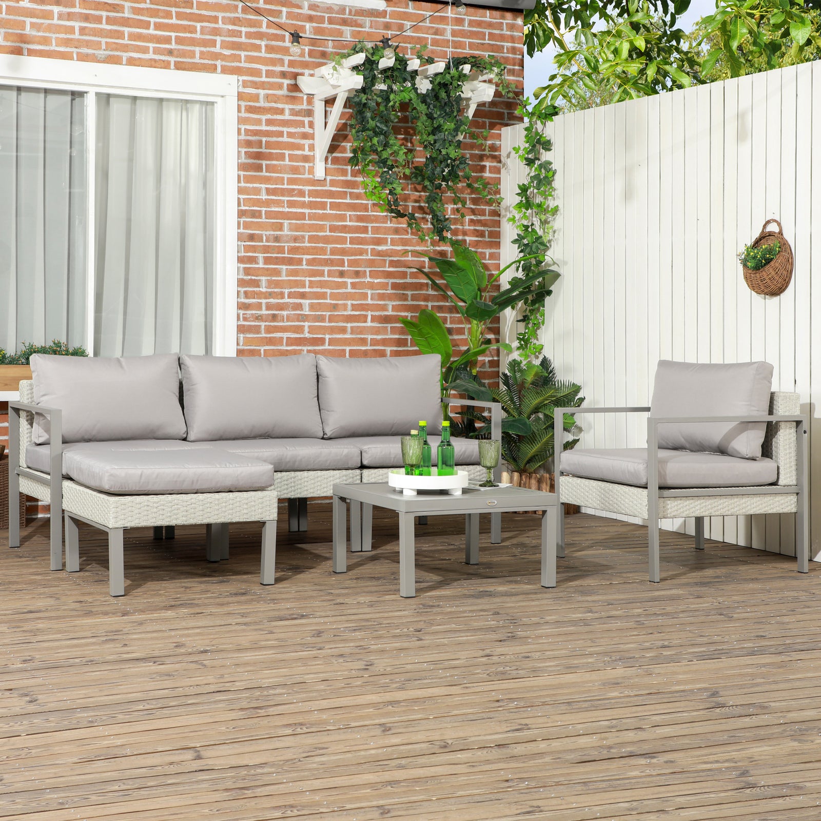 6 Pcs Rattan Garden Furniture Set With Table, Cushion | Light Slate Gray