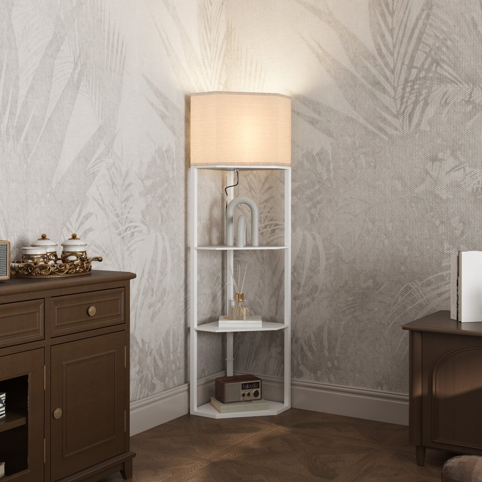 Corner Modern Floor Lamp With Shelves For Living Room | One Size | White