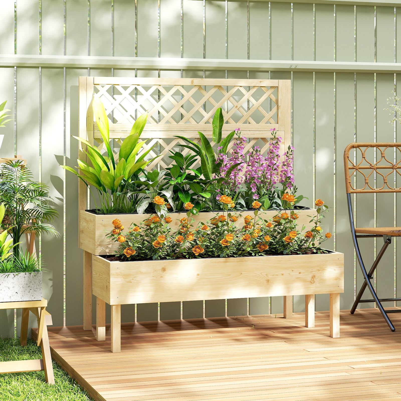 2-tier Raised Garden Bed With Trellis For Climbing Plants