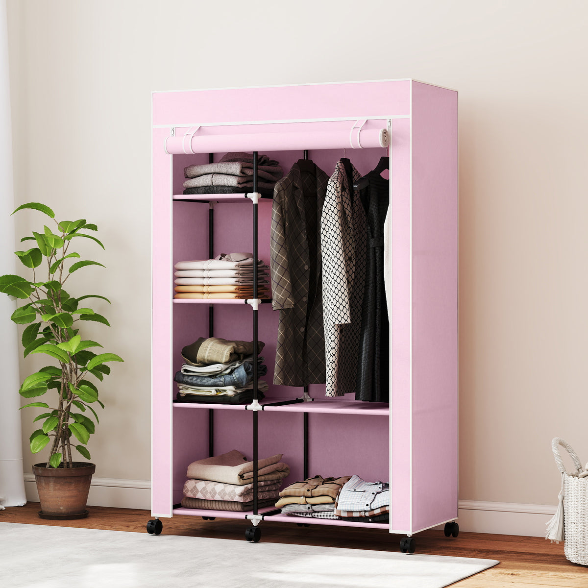 HOMCOM Fabric Wardrobe W/ Shelves Hanging Rail Foldable Wardrobes, Pink