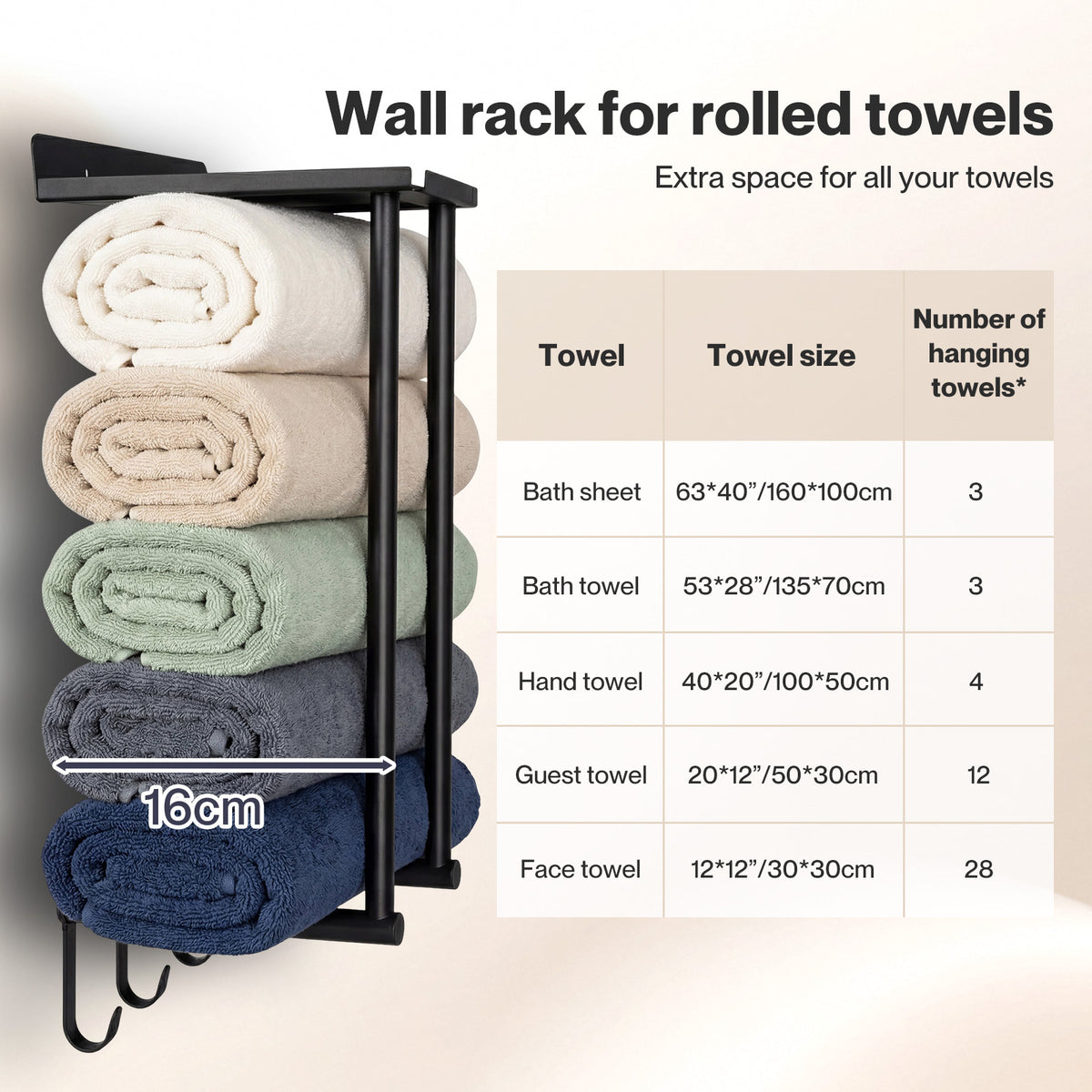 Towel Rack Wall Mounted Shelf Bathroom Storage Holder With Hooks Black | Black