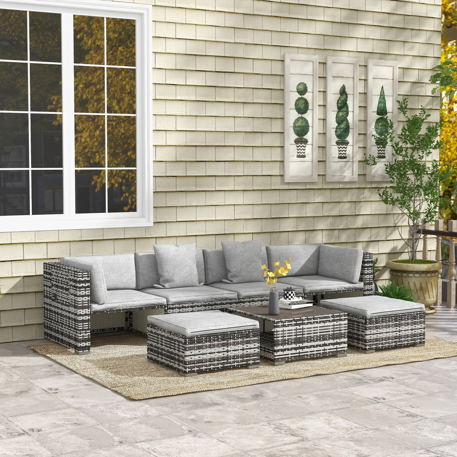 7 Pieces Rattan Set W/ Sofa, Shelf, Table, Cushions