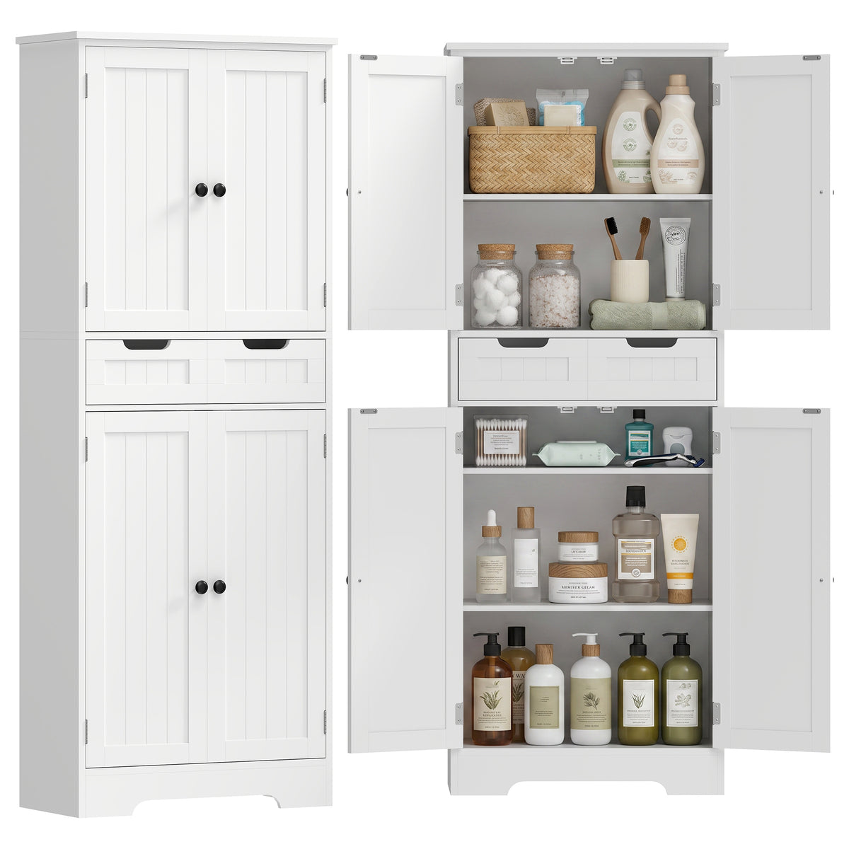HOMCOM Bathroom Tall Cabinet With Drawer, Shelves And Doors, White