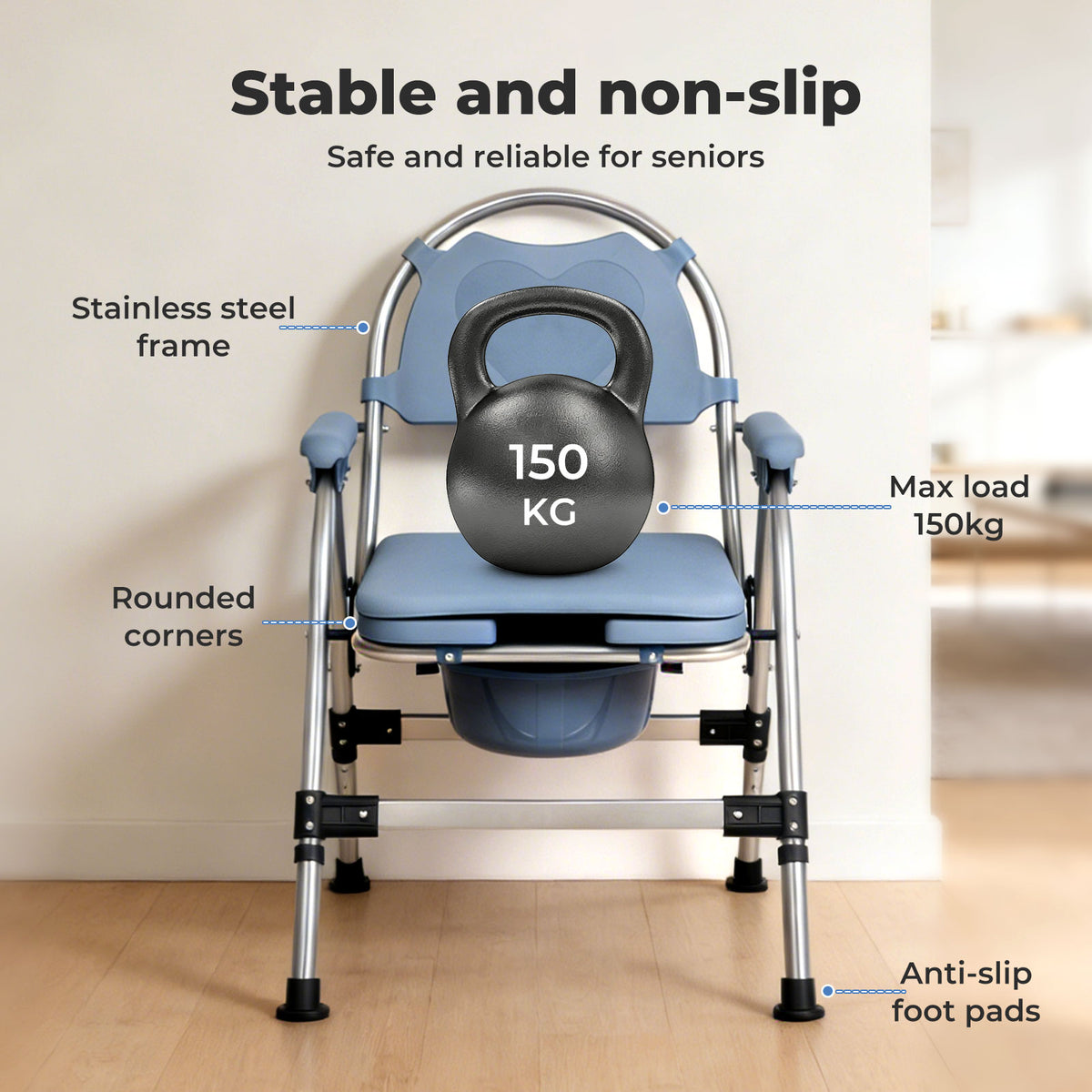 Commode Chair For Bedroom Folding Adjustable Bedside Toilet Shower Chair | Blue