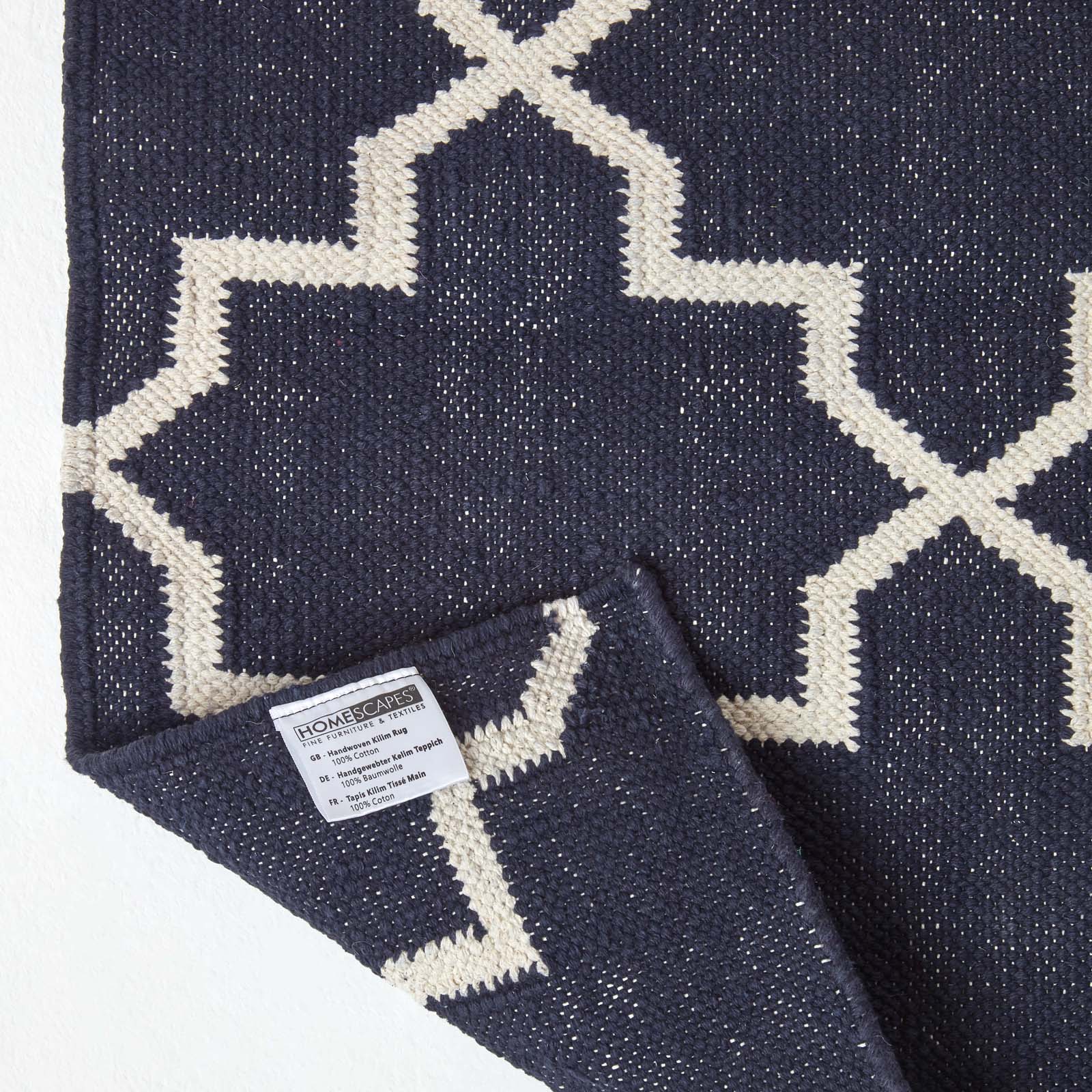 Edmonton Handwoven Navy Blue And White Cotton Geometric Kilim Rug | 200cm | Navy Blue