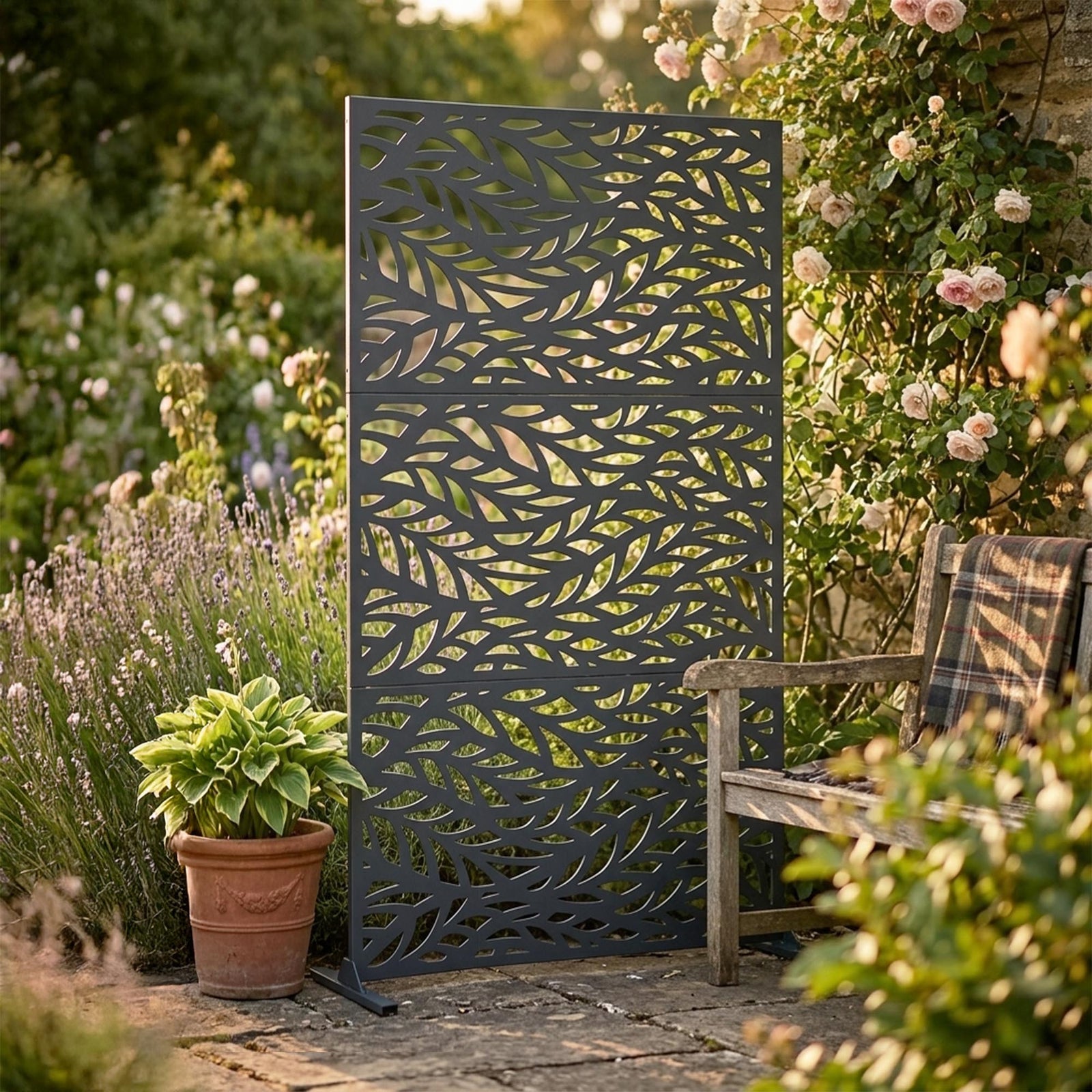 Indoor Outdoor Metal Privacy Screen - Leaf Pattern | Anthracite Grey