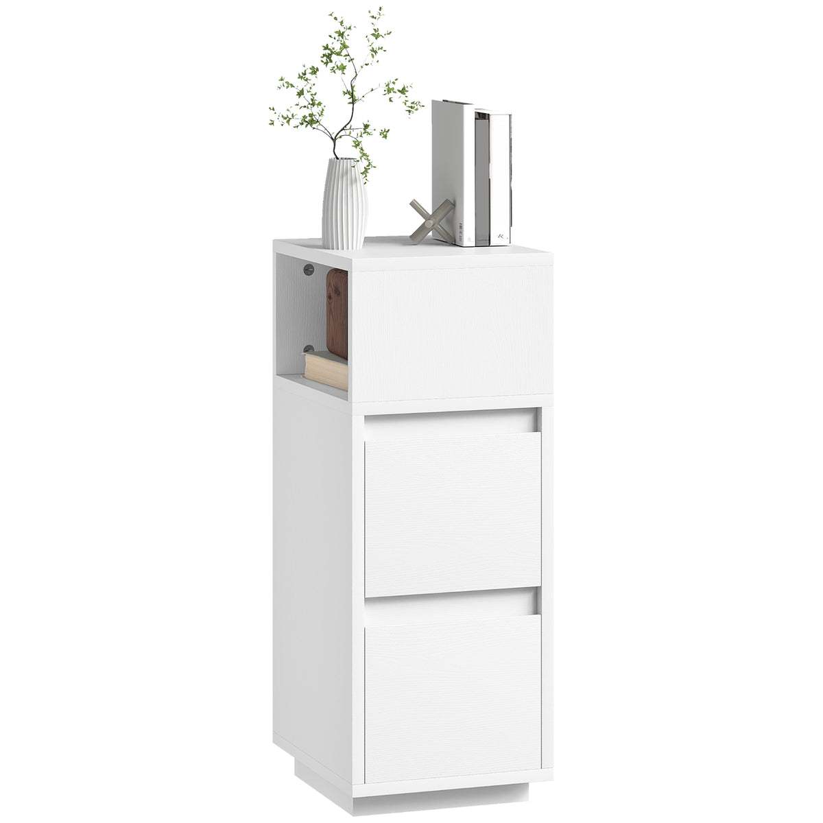 Slim Bedside Table, Bedside Cabinet With Open Shelf And 2 Drawers | White