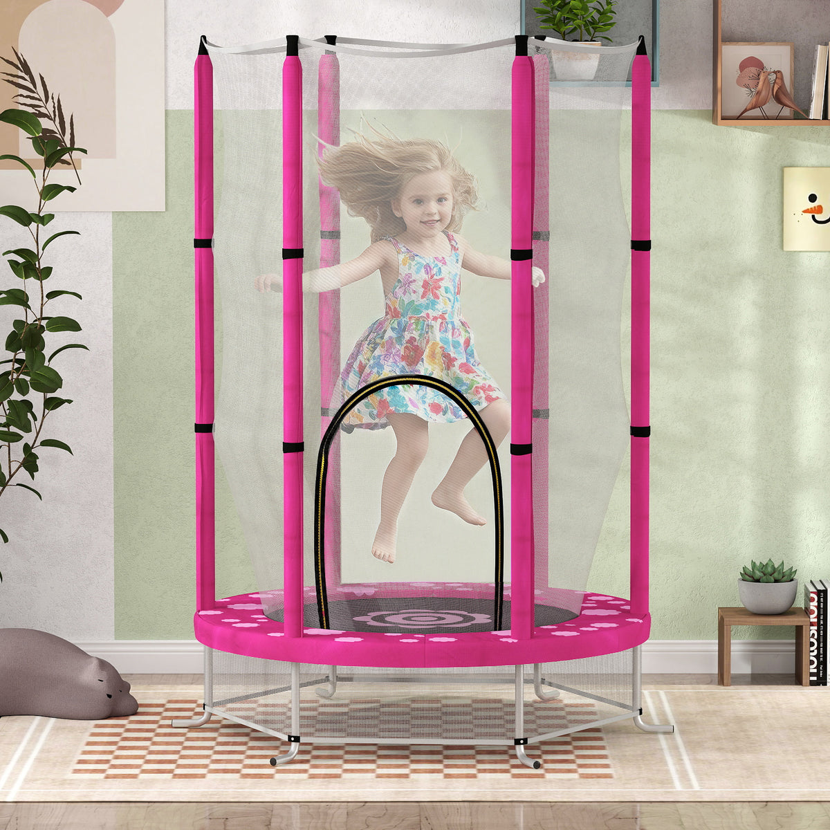 4.6ft Kids Trampoline W/ Safety Enclosure Net, For Indoor Outdoor | Pink