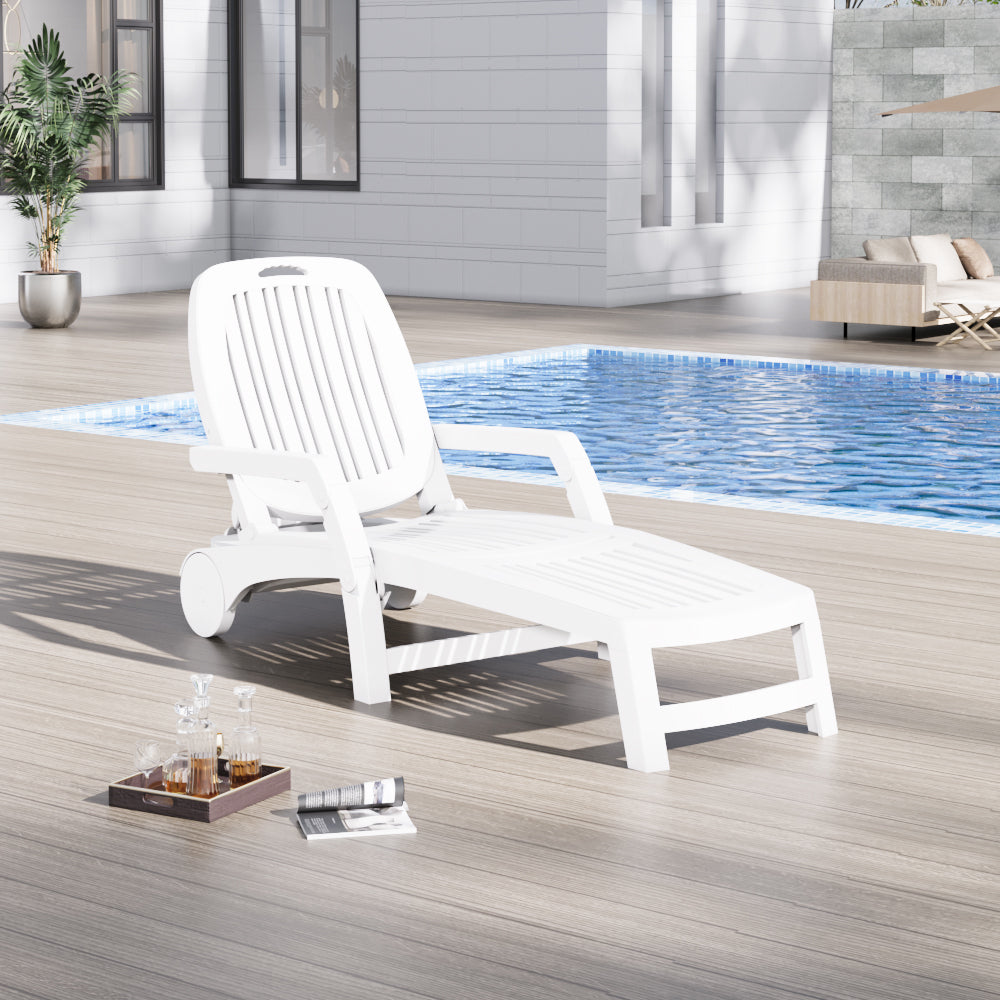 Outdoor Folding Lounge Chair Recliner With Wheels | White