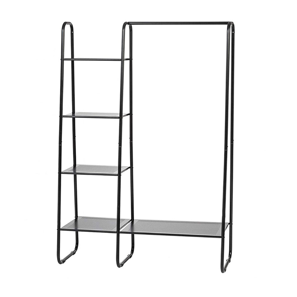 Freestanding Garment Rack In Black Metal With 1 Hanging Rod And 4 Shelves