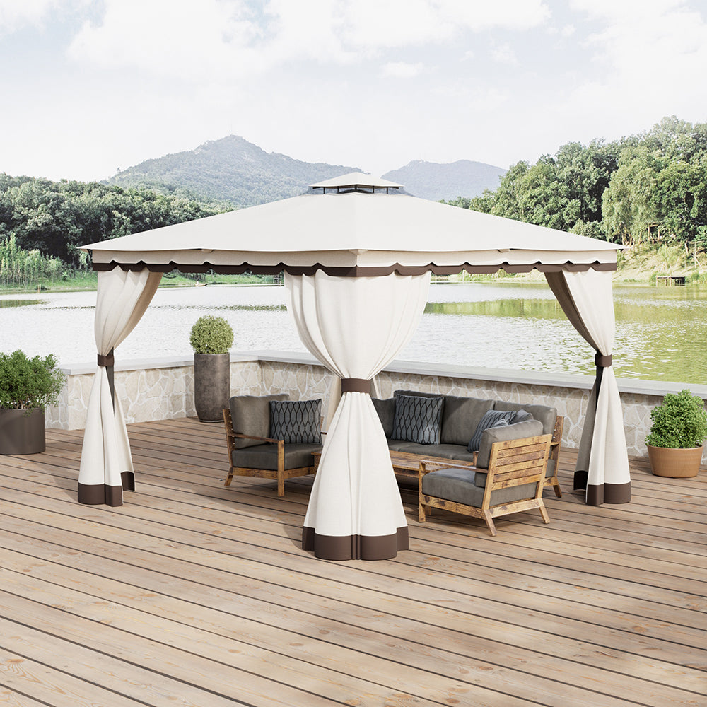 3x3m/4x4m Gazebo With Curtains Double Roof Outdoor Canopy Shelter For Garden, Patio, Or Backyard | Small | Beige