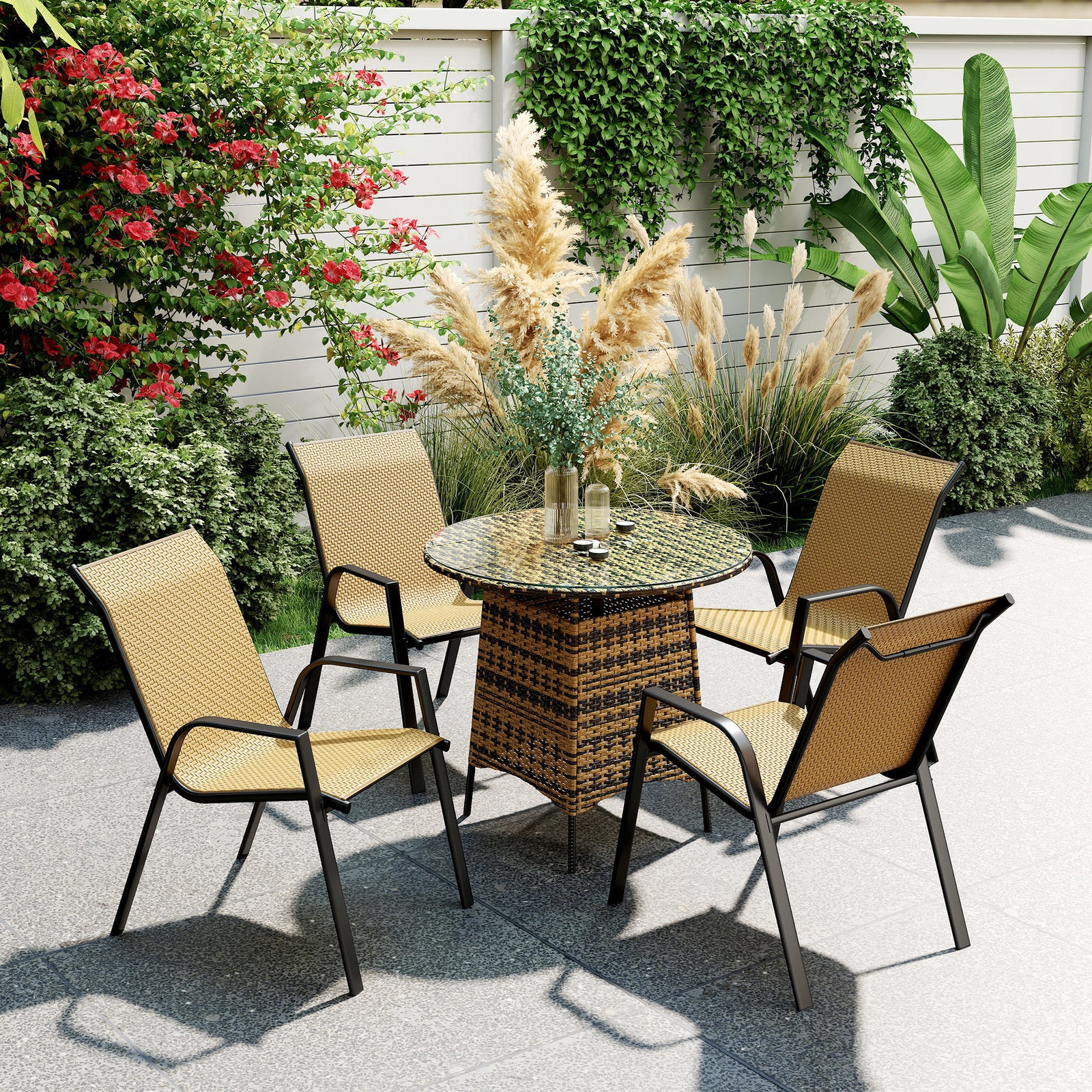 Outsunny Stackable Outdoor Chairs Set Of 4, Rattan With Armrests