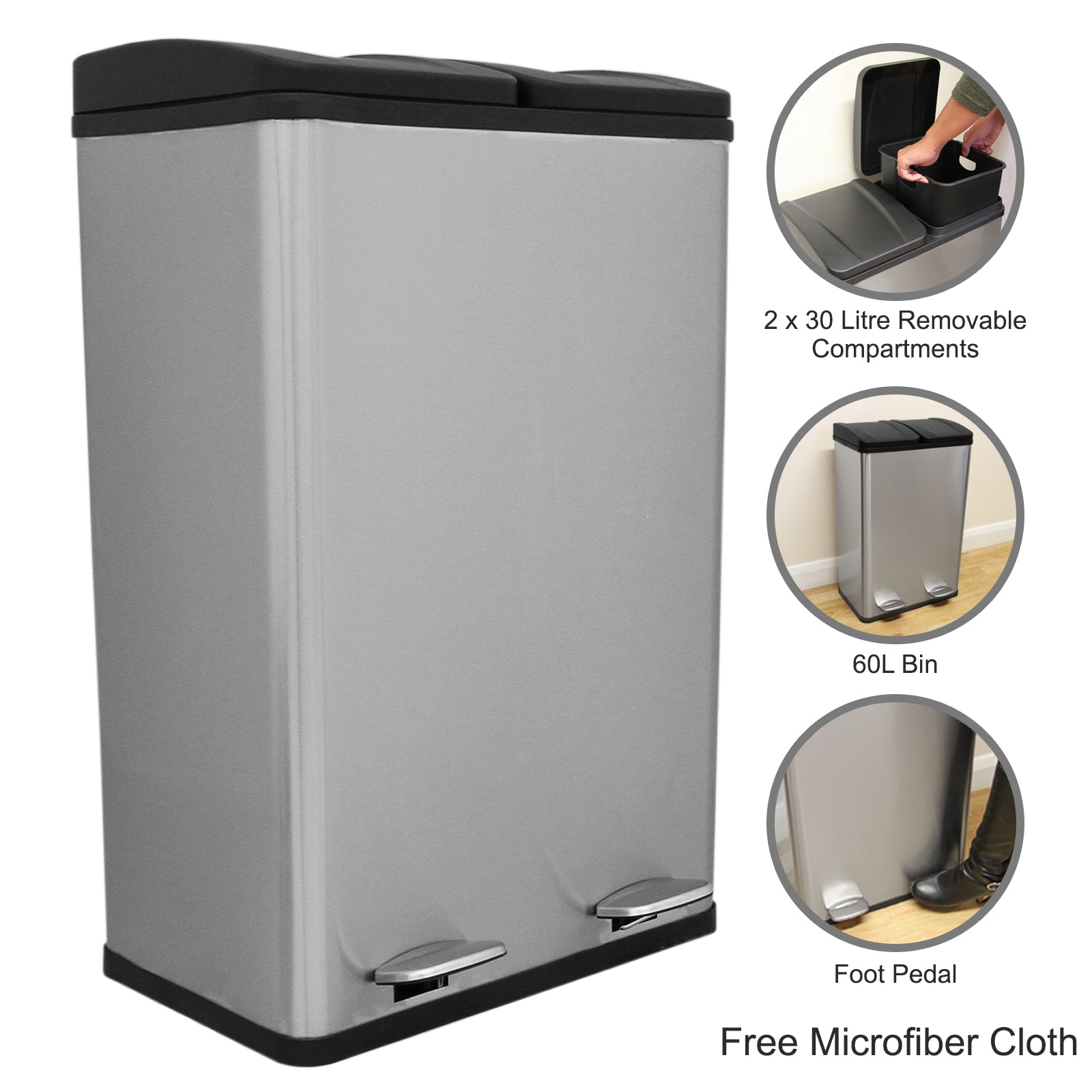 60l Dual Pedal Bin | Silver