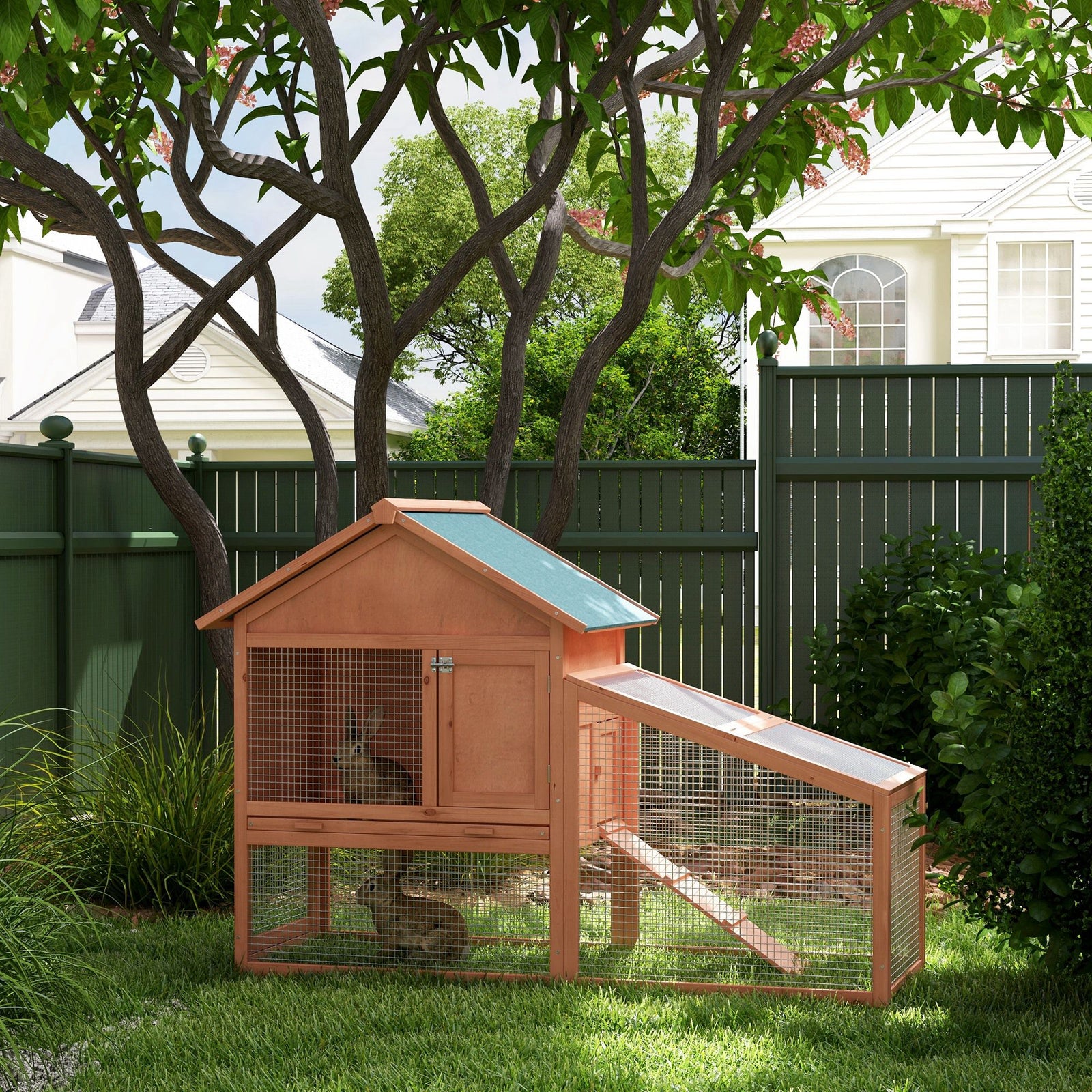 Wood Rabbit,bunny,guinea Pig Hutch Water-resistant W/ Ramp Outdoor Use